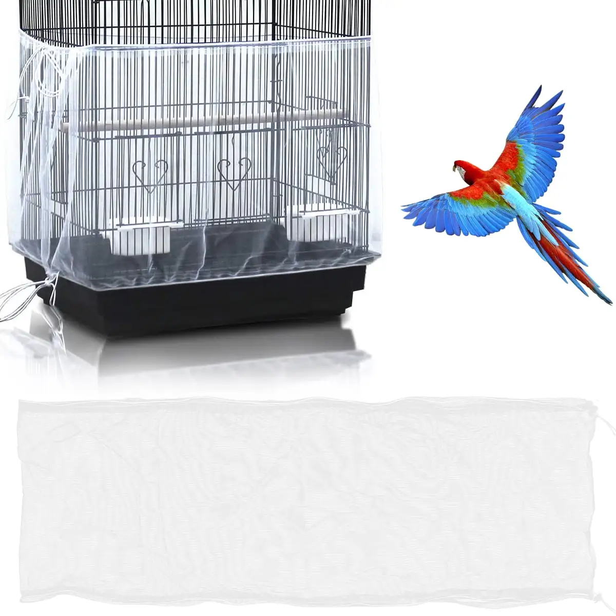 Everso Bird Cage Cover Adjustable Seed Feather Catcher Skirt Guard Soft Birdcage Nylon Mesh Net Cover for Parakeet Macaw Round Square Cage