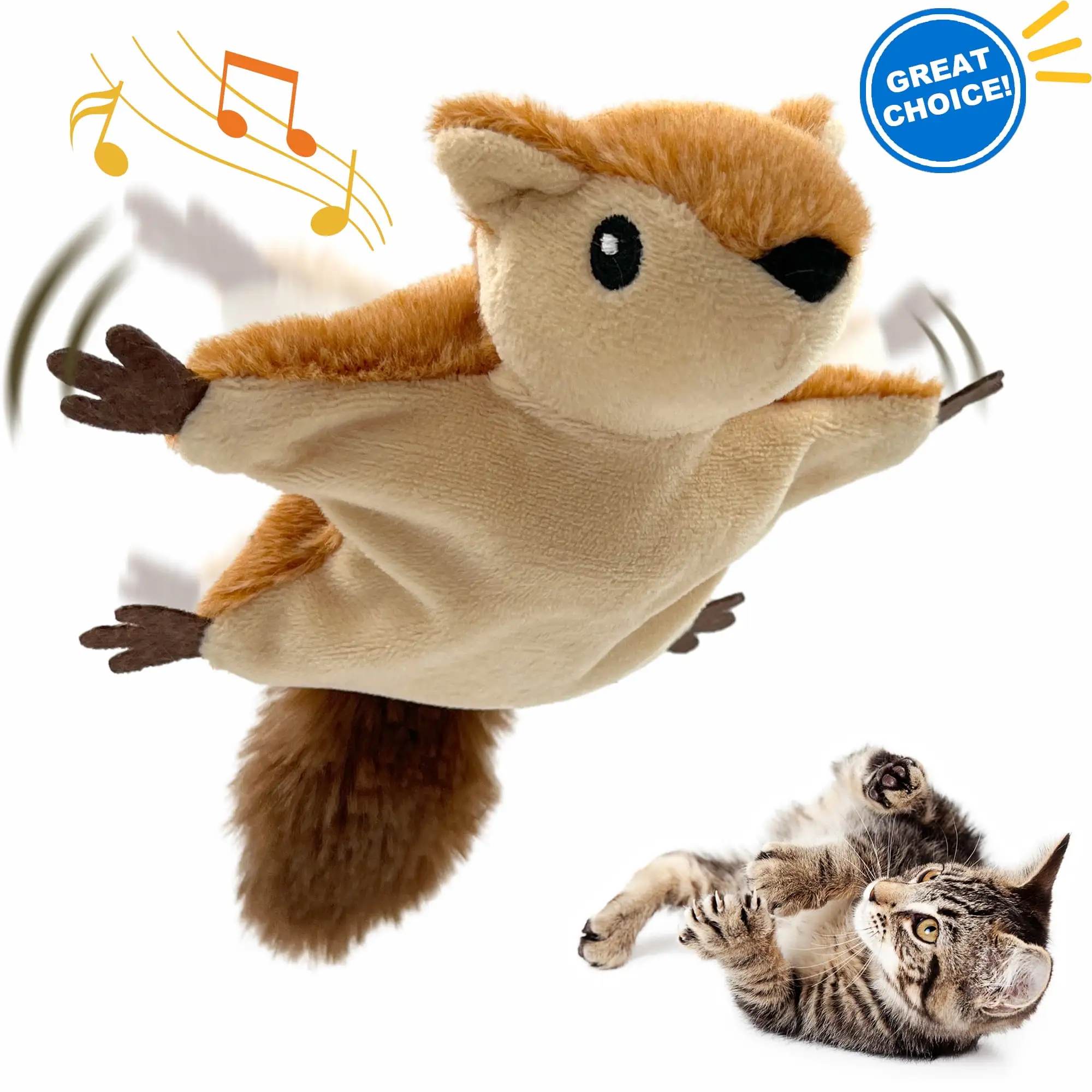 Evlmd Interactive Cat Toys Flapping Squirrel for Indoor Cats Rechargeable Cat Toy Vivid Chirping. Automatic Beating Wings Kitty Toys with Catnip for Kitten Exercise. Hanging Toys Self Play