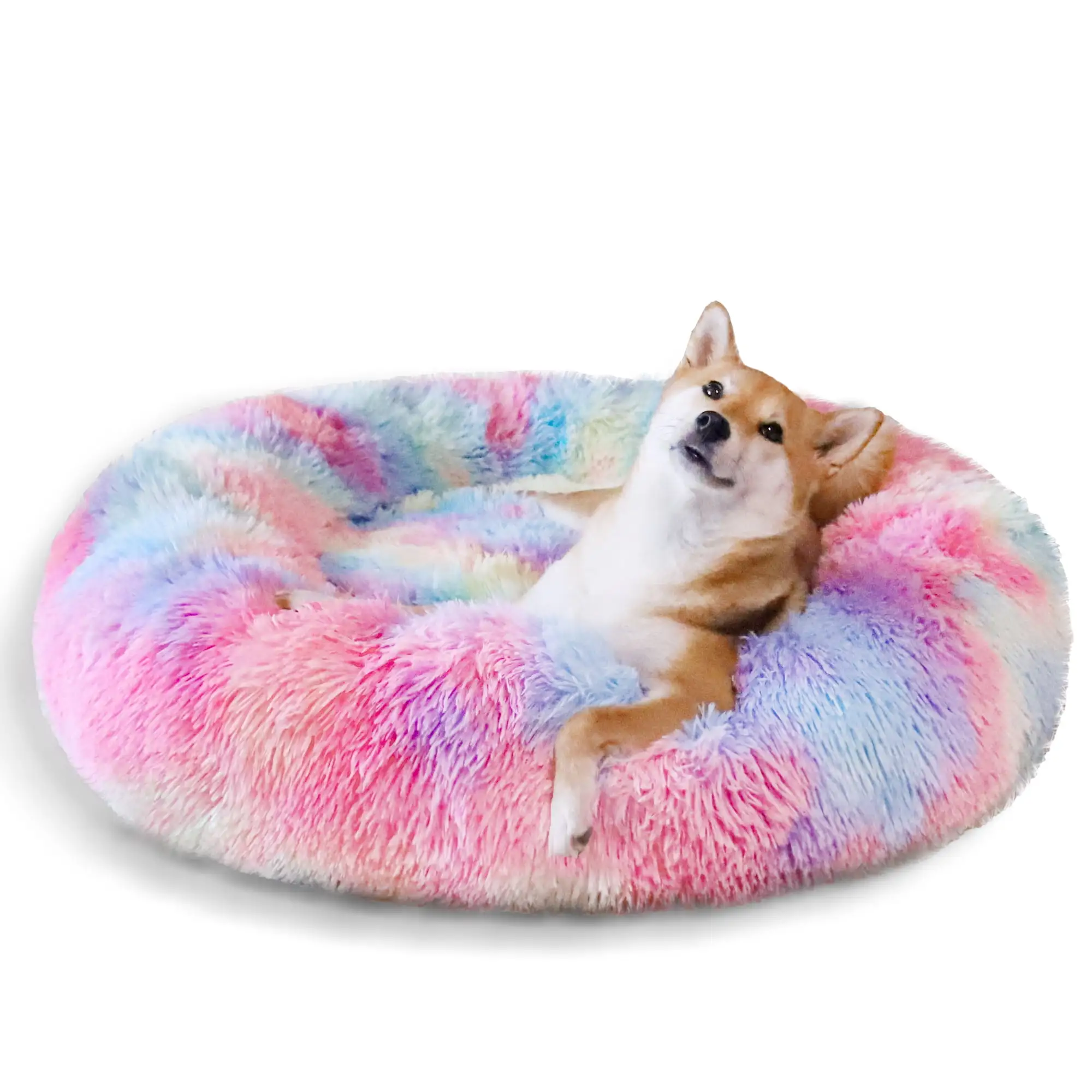 Exclusivo Mezcla Calming Donut Dog Bed for Small Medium and Large Dogs. Anti-Anxiety Plush Cozy Warming Pet Bed (20x20.Pink Rainbow)