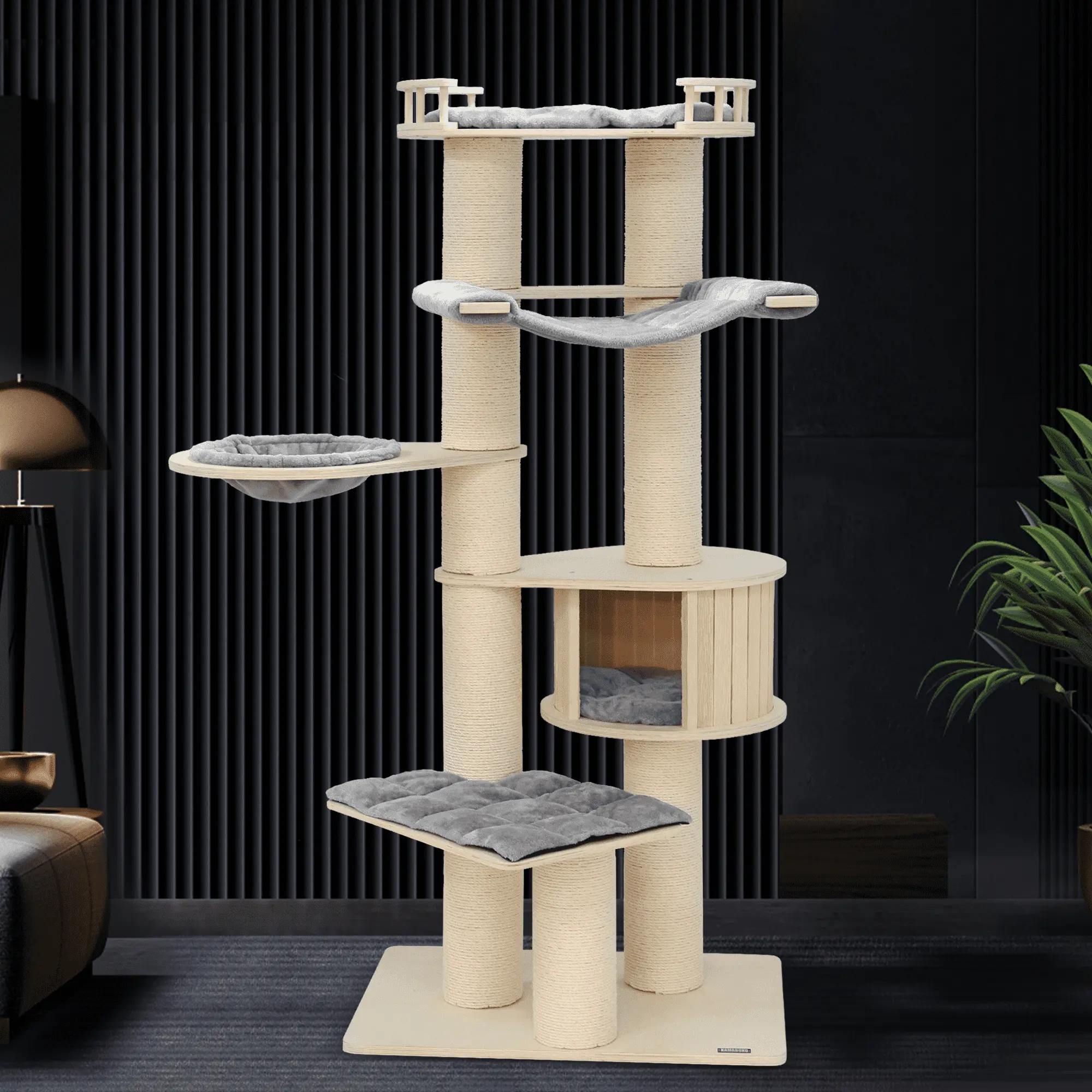 Extra Large Cat Tree KAMABOKO. 72 Tall Cat Tree - 5 Levels Wood Cat Tower w/Cat Condo. Hammocks & Hanging Basket for Large Cats