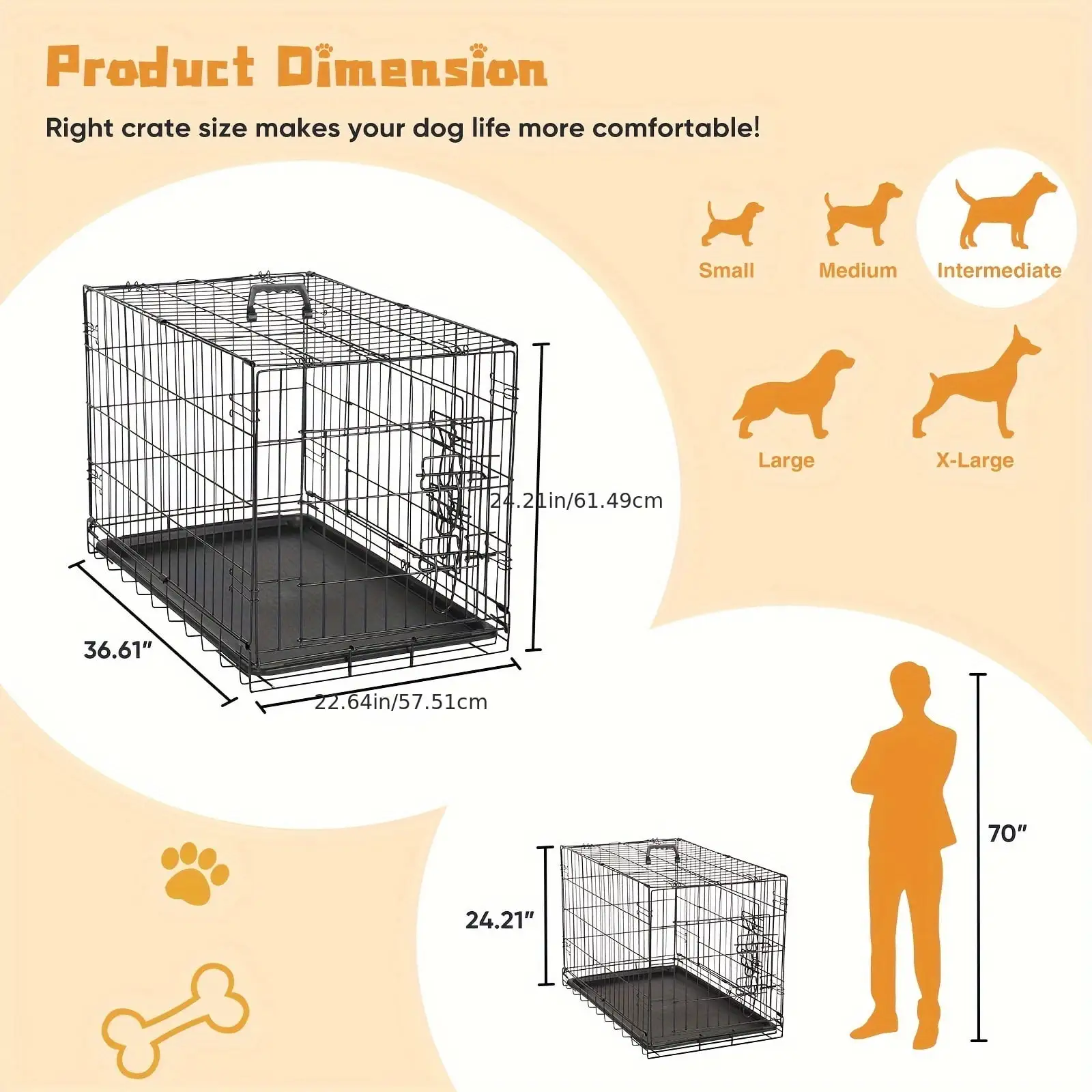 Extra Large Dog Crate Folding Dog Cage with Leak-Proof Pan Tray. Double Door. Divider Panel. Metal Wire Pet Kennel for Indoor. Outdoor. Travel