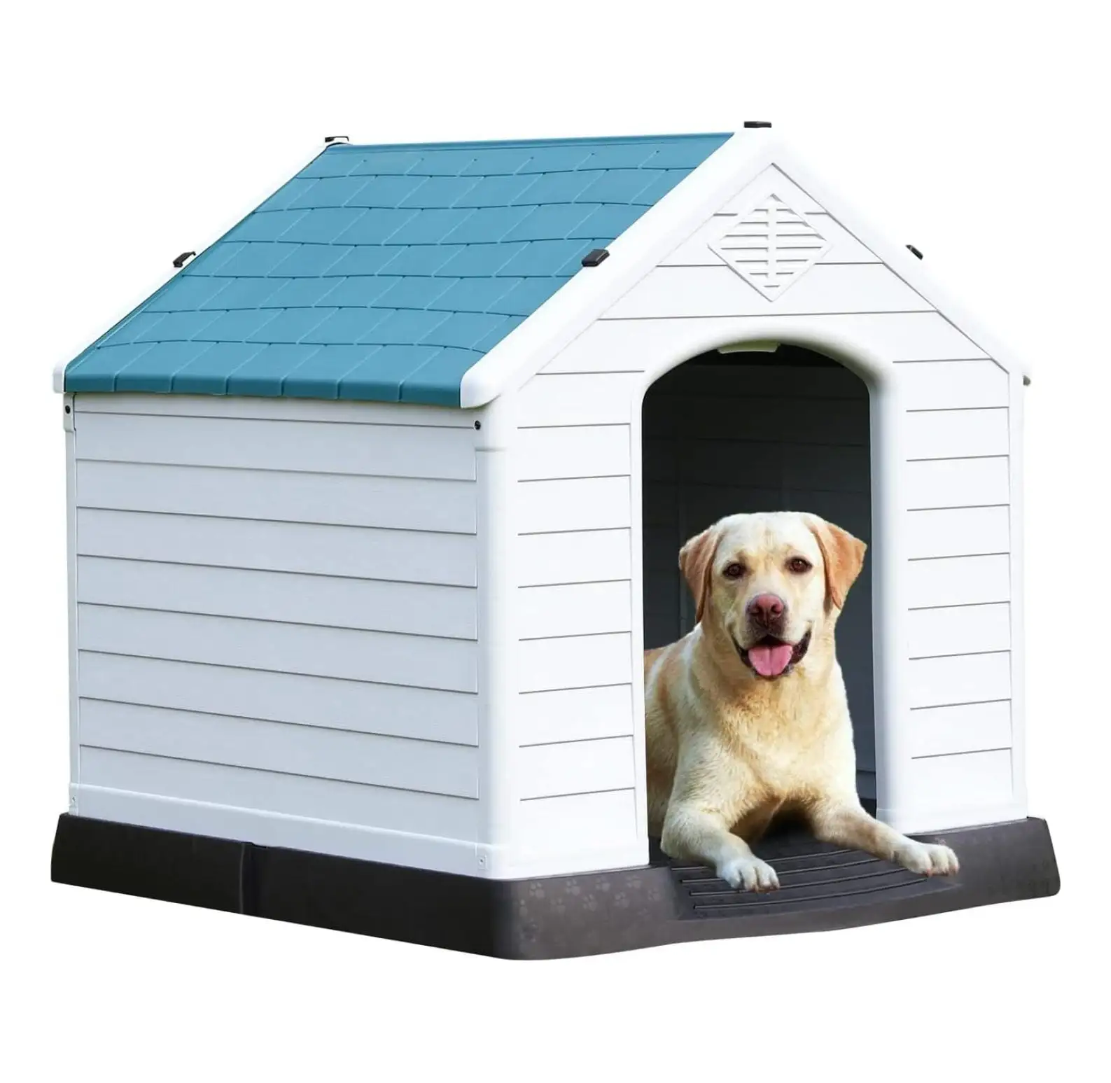 Extra Large Dog House. 32 Inch Outdoor Dog Kennels. Waterproof Pet Shelter. Durable Plastic Puppy Shelter Kennel for Small Medium Large Dogs with & Elevated Floor White Blue