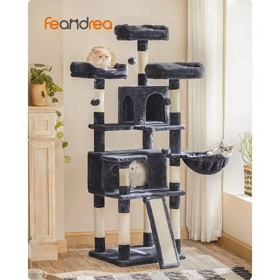 FEANDREA 66.5 Cat Tree Large Cat Tower Cat Condo with Scratching Posts Board 2 Caves 3 Plush Perches Smoky Gray