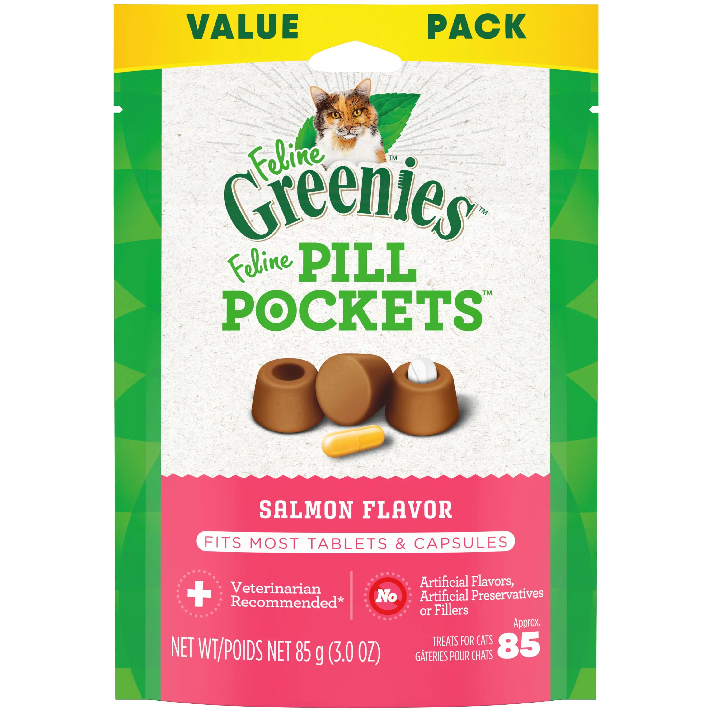 FELINE GREENIES PILL POCKETS for Cats Natural Soft Cat Treats. Salmon Flavor. 3 oz. Pack (85 Treats)