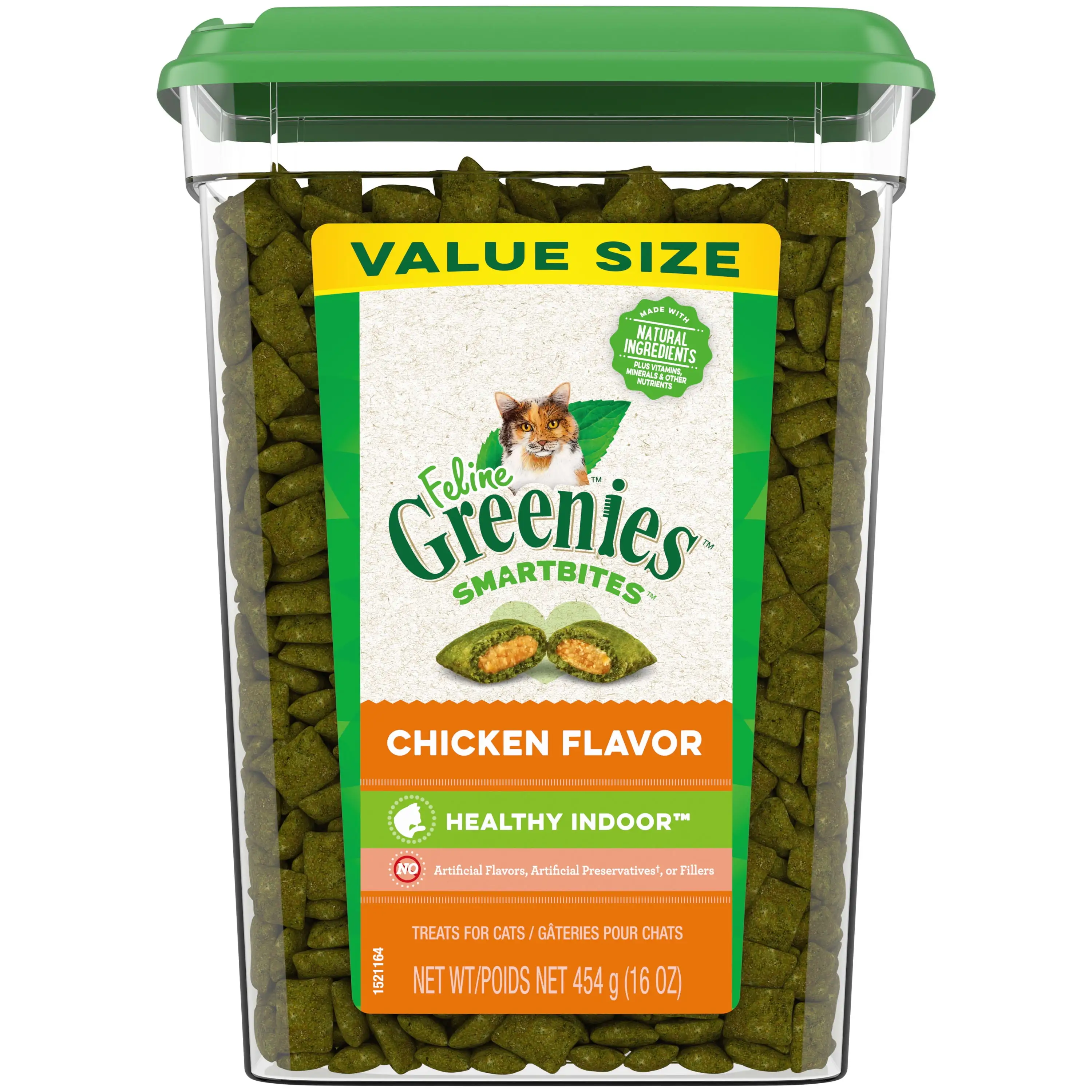 FELINE GREENIES SMARTBITES HEALTHY INDOOR Natural Treats for Cats. Chicken Flavor. 16 oz. Tub