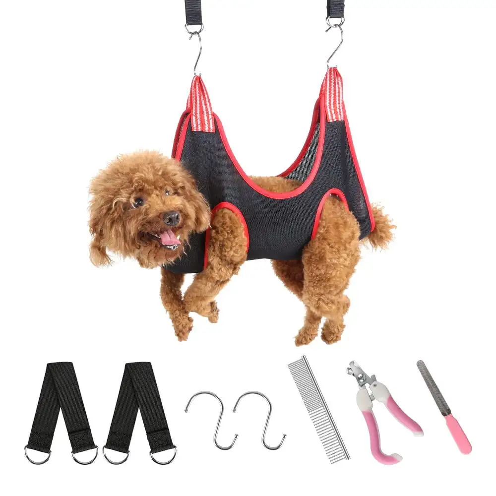 FGY 8 PCS Pet Grooming Hammock Helper Set Dog Grooming Hammock with Nail Trimmers Grooming Harness Kit for Dogs & Cats - Red(S)