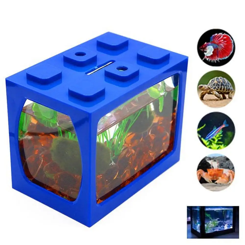 FNNMNNR Small Fish Tank Mini Aquarium Starter Tank Kit with LED Light Building Blocks Fish Tank Desktop Decor