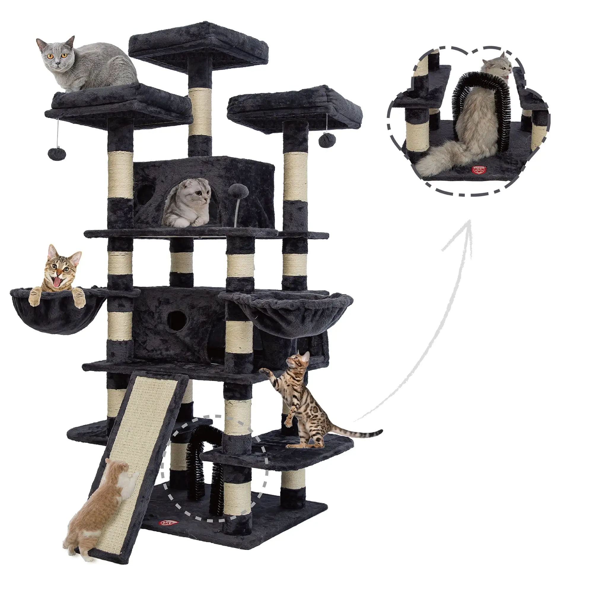 FOOWIN 68 Large Cat Tree. Multi-Level Cat Tower with Sisal Scratching Posts. Cat Activity Center Cat Play House. Dark Blue