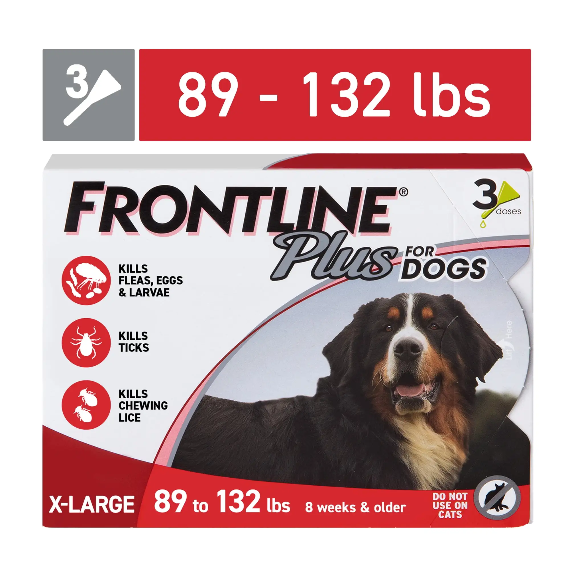 FRONTLINE? Plus for Dogs Flea and Tick Treatment. Extra Large Dog. 89-132 lbs. Red Box. 3 CT