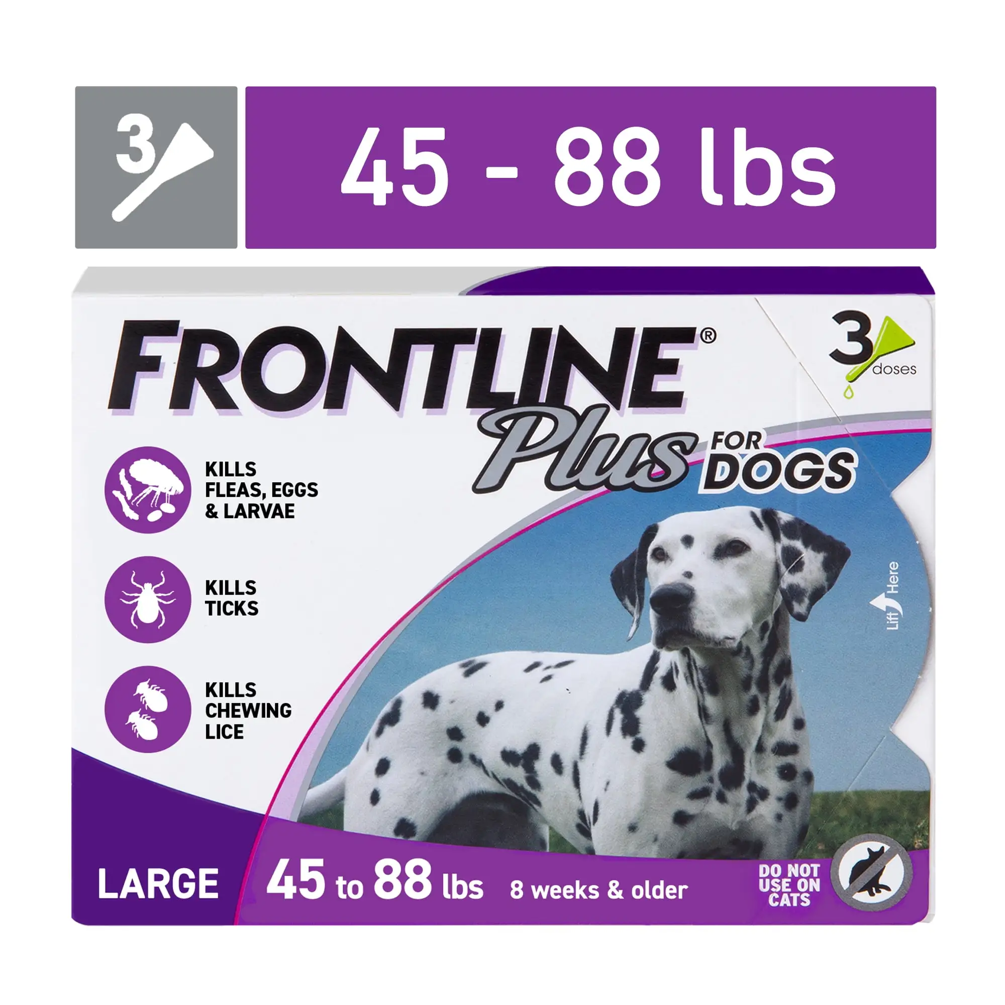 FRONTLINE Plus for Dogs Flea and Tick Treatment. Large Dog. 45-88 lb. Purple Box. 3 CT