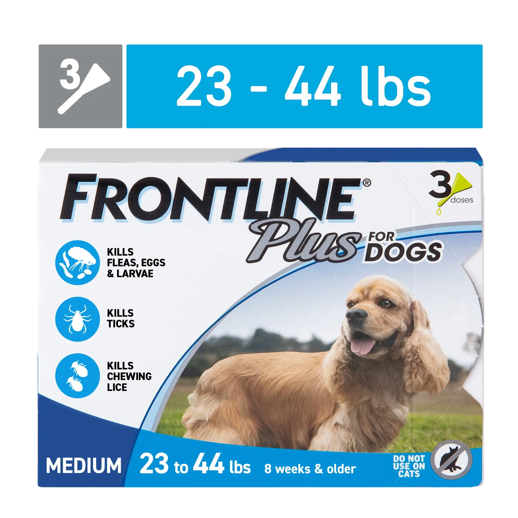 FRONTLINE? Plus for Dogs Flea and Tick Treatment. Medium Dog. 23-44 lbs. Blue Box. 3 CT