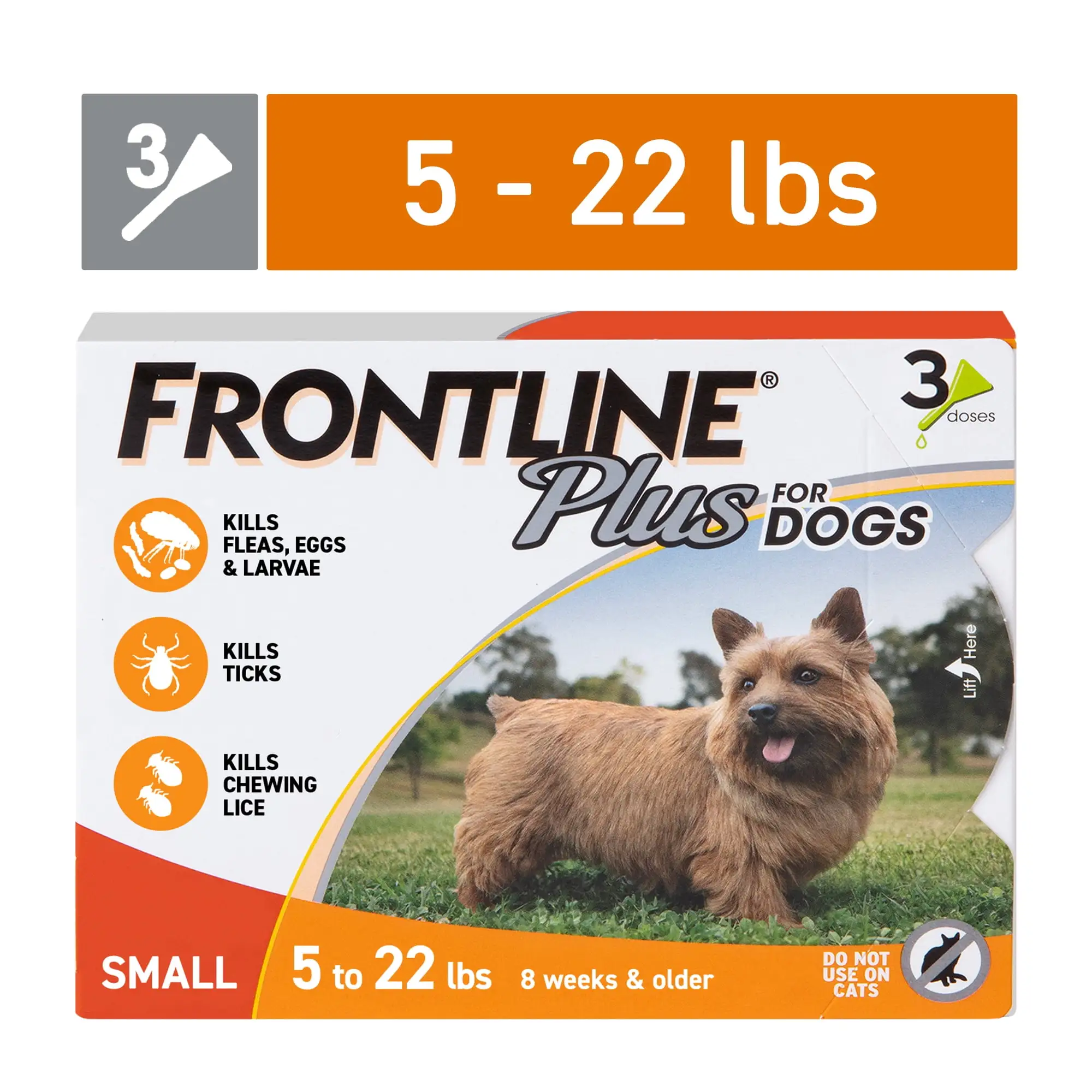 FRONTLINE? Plus for Dogs Flea and Tick Treatment. Small Dog. 5-22 lbs. Orange Box. 3 CT