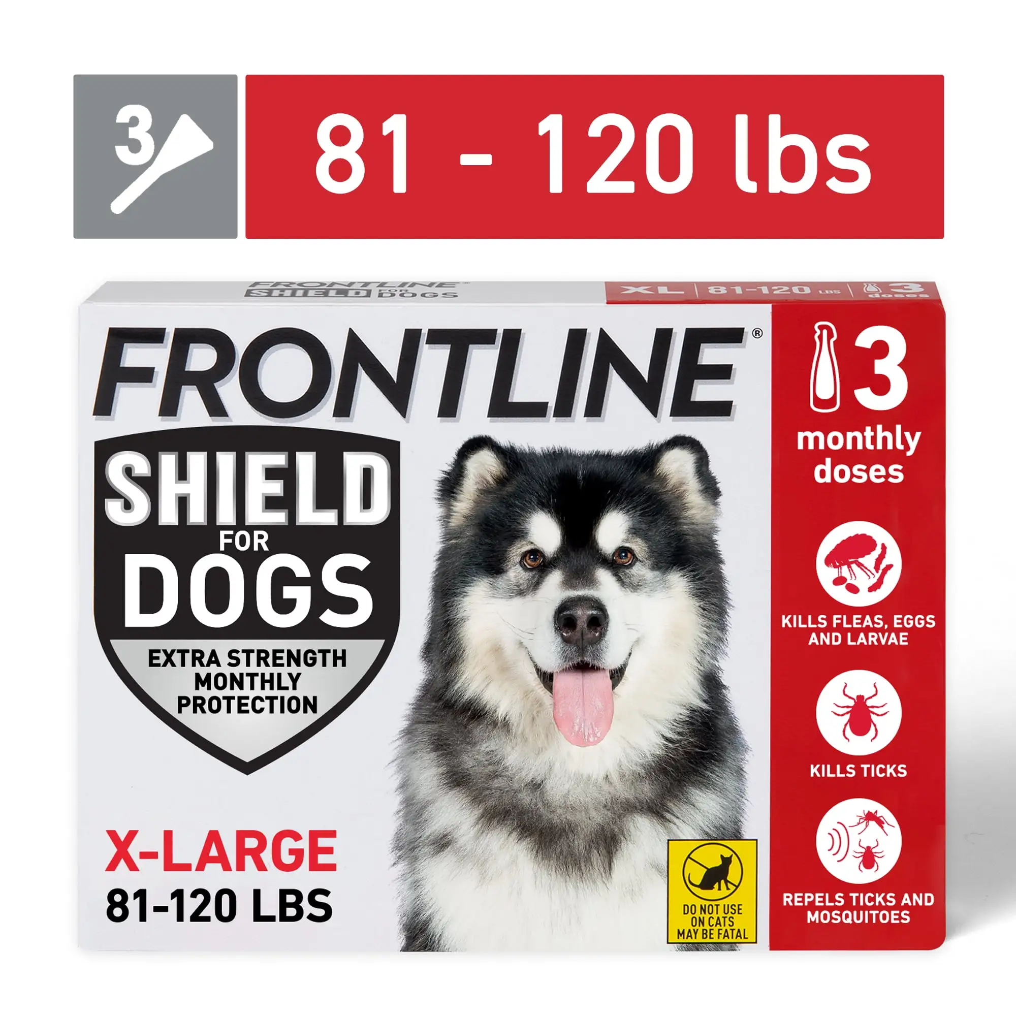 FRONTLINE? Shield for Dogs Flea & Tick Treatment. Extra Large Dog. 81-120 lbs. Red Box. 3ct