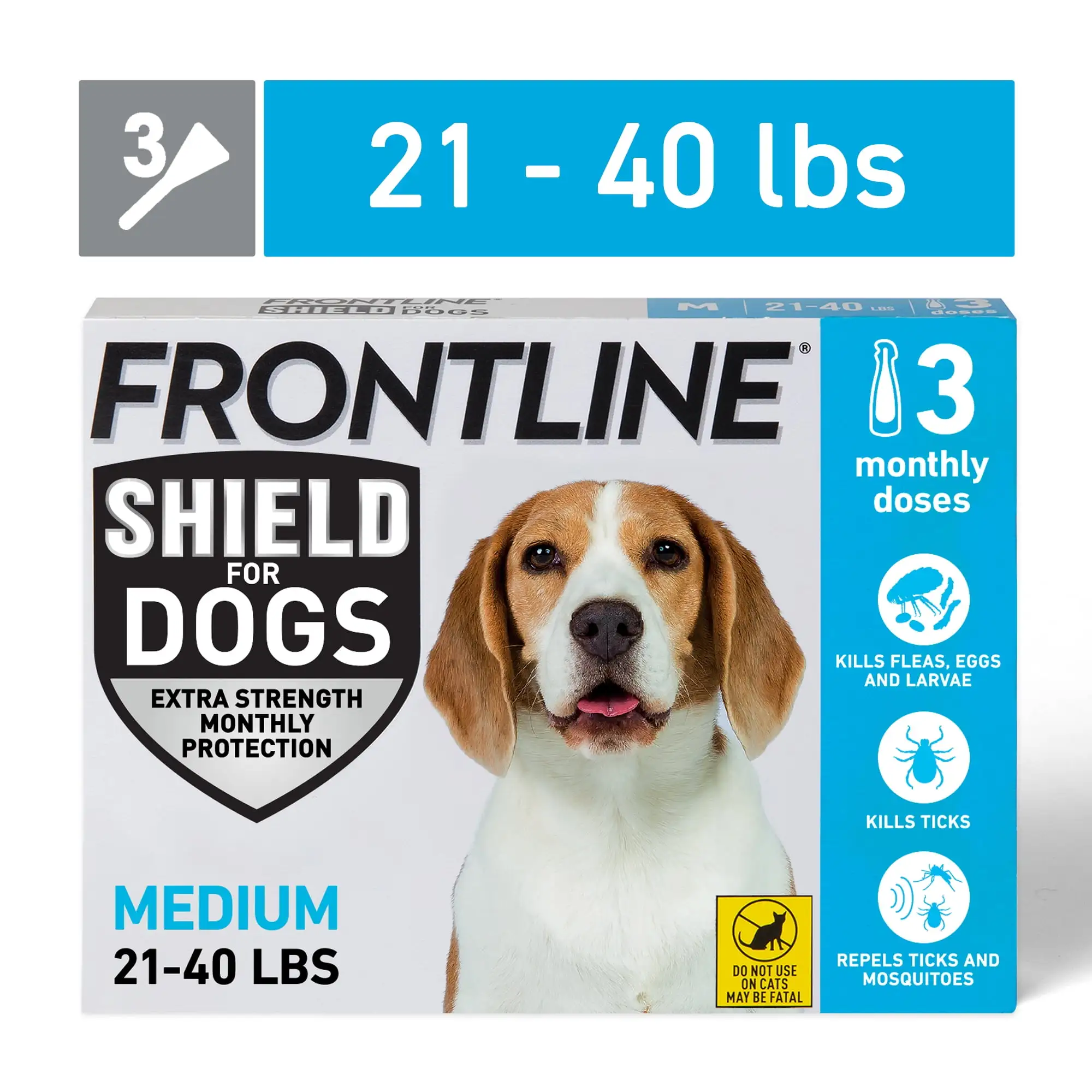 FRONTLINE? Shield for Dogs Flea & Tick Treatment. Medium Dog. 21-40 lbs. Blue Box. 3ct