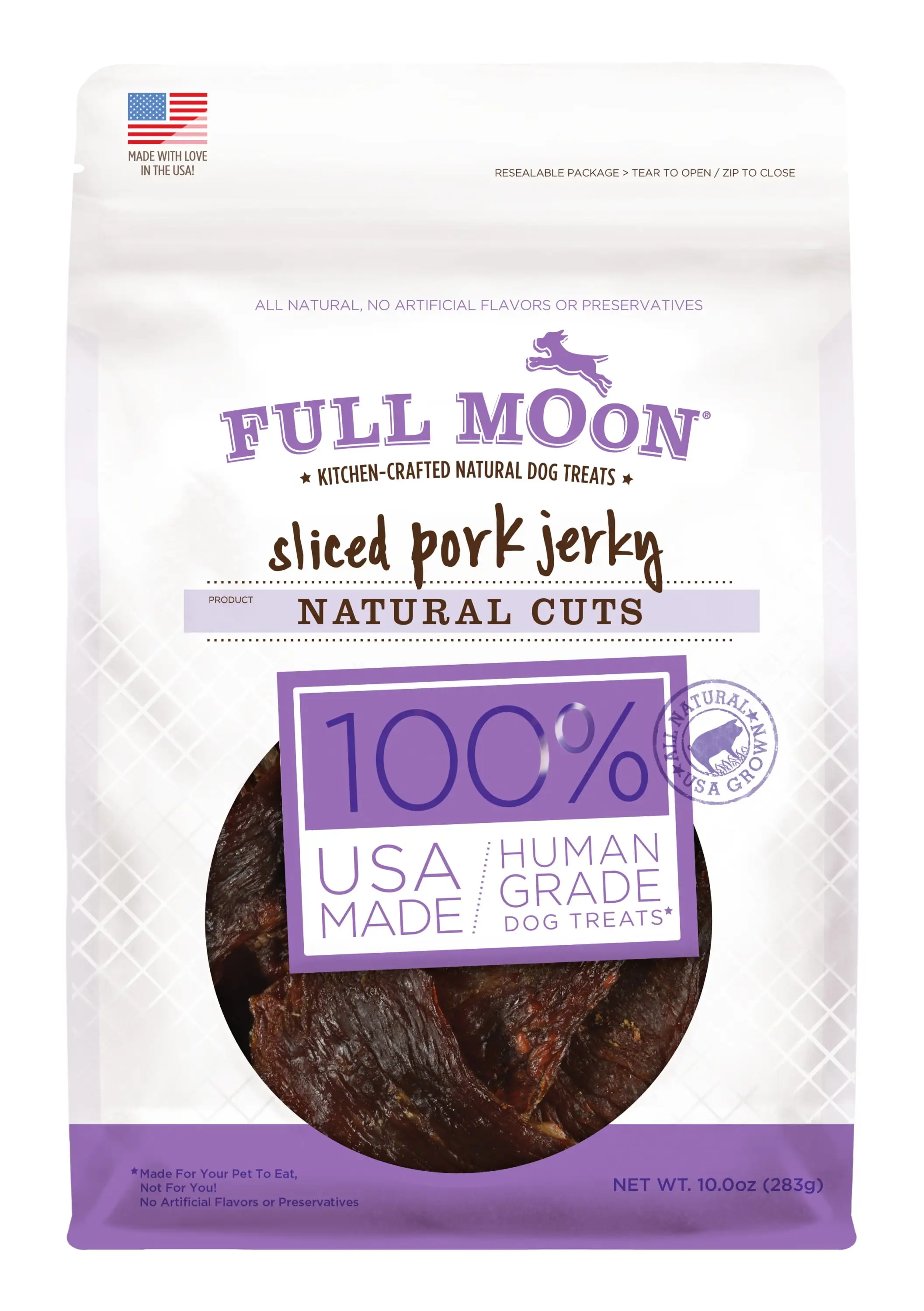 FULL MOON? All Natural Human Grade Dog Treats. Natural Cut Jerky. Sliced Pork . 10 Ounce