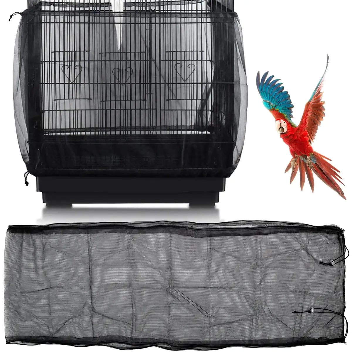 FUYGRCJ Adjustable Bird Cage Net Cover.Birdcage Seed Feather Catcher Soft Skirt Guard Birdcage Nylon Mesh Netting for Parrot Parakeet Macaw Round Square Cages