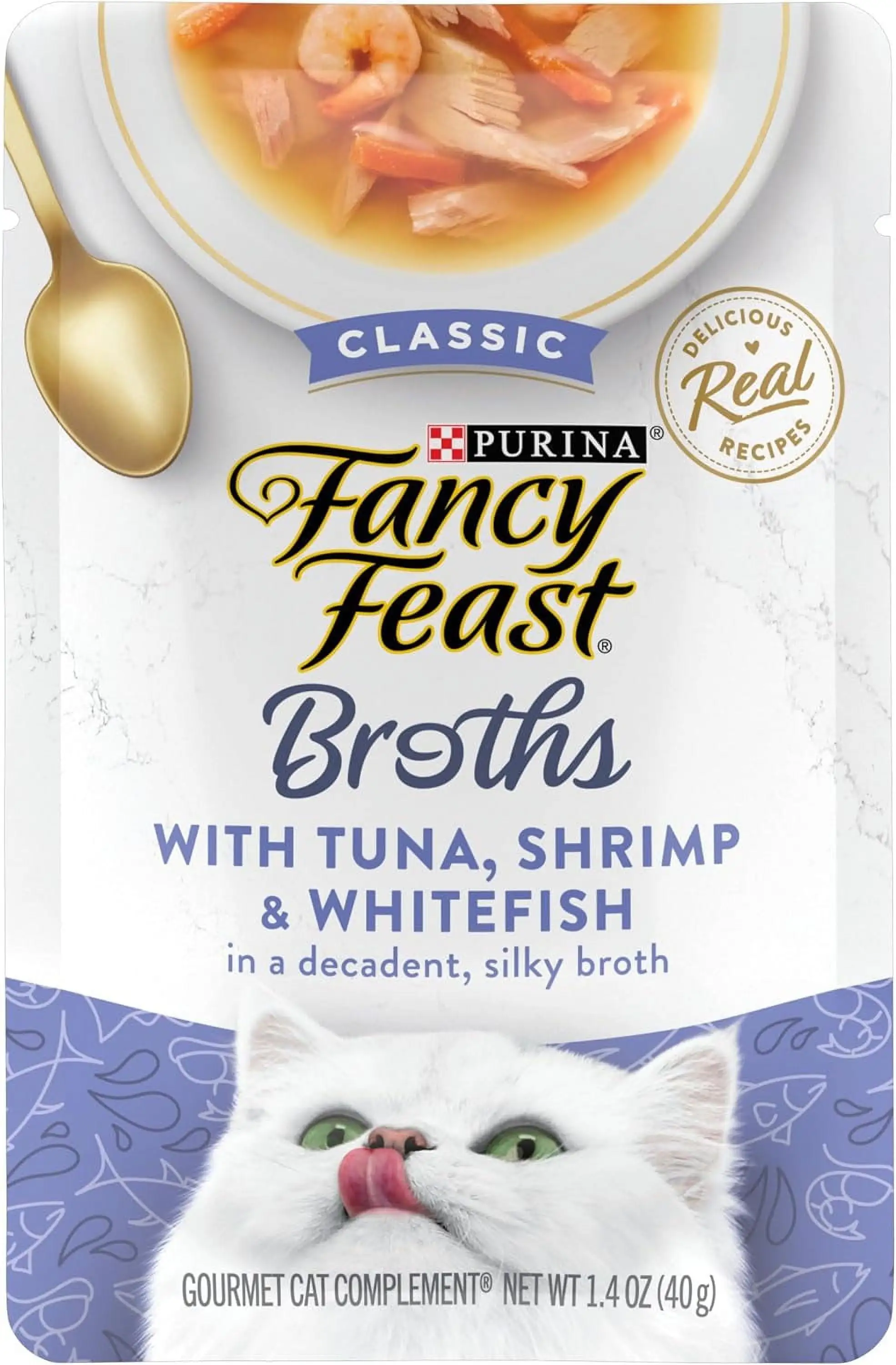 Fancy Feast Limited Ingredient Wet Cat Food Complement. Broths With Tuna. Shrimp & Whitefish. 1.4 oz. Pouch