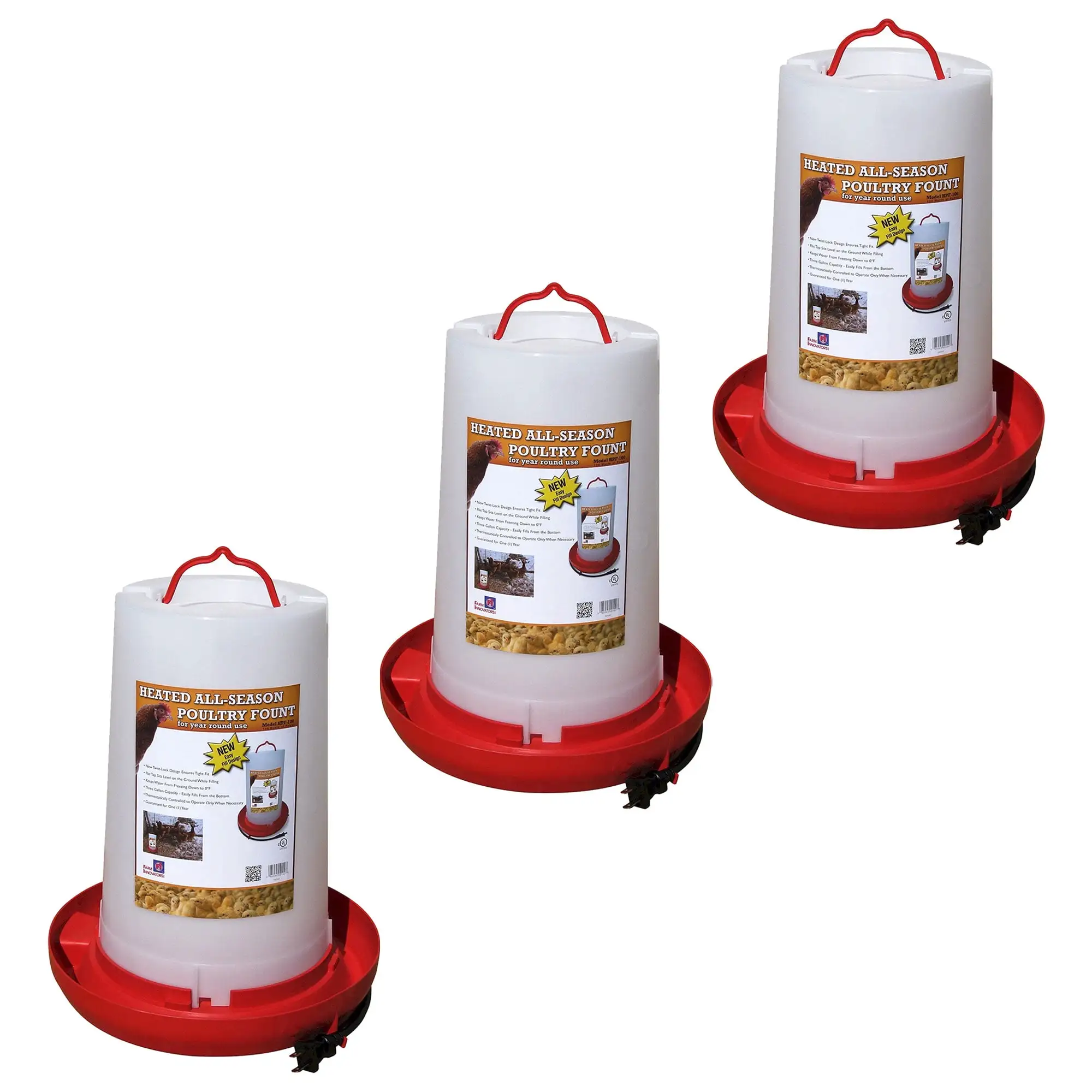 Farm Innovators HPF-100 Heated Hanging Poultry Water Fountain. Red (3 Pack)