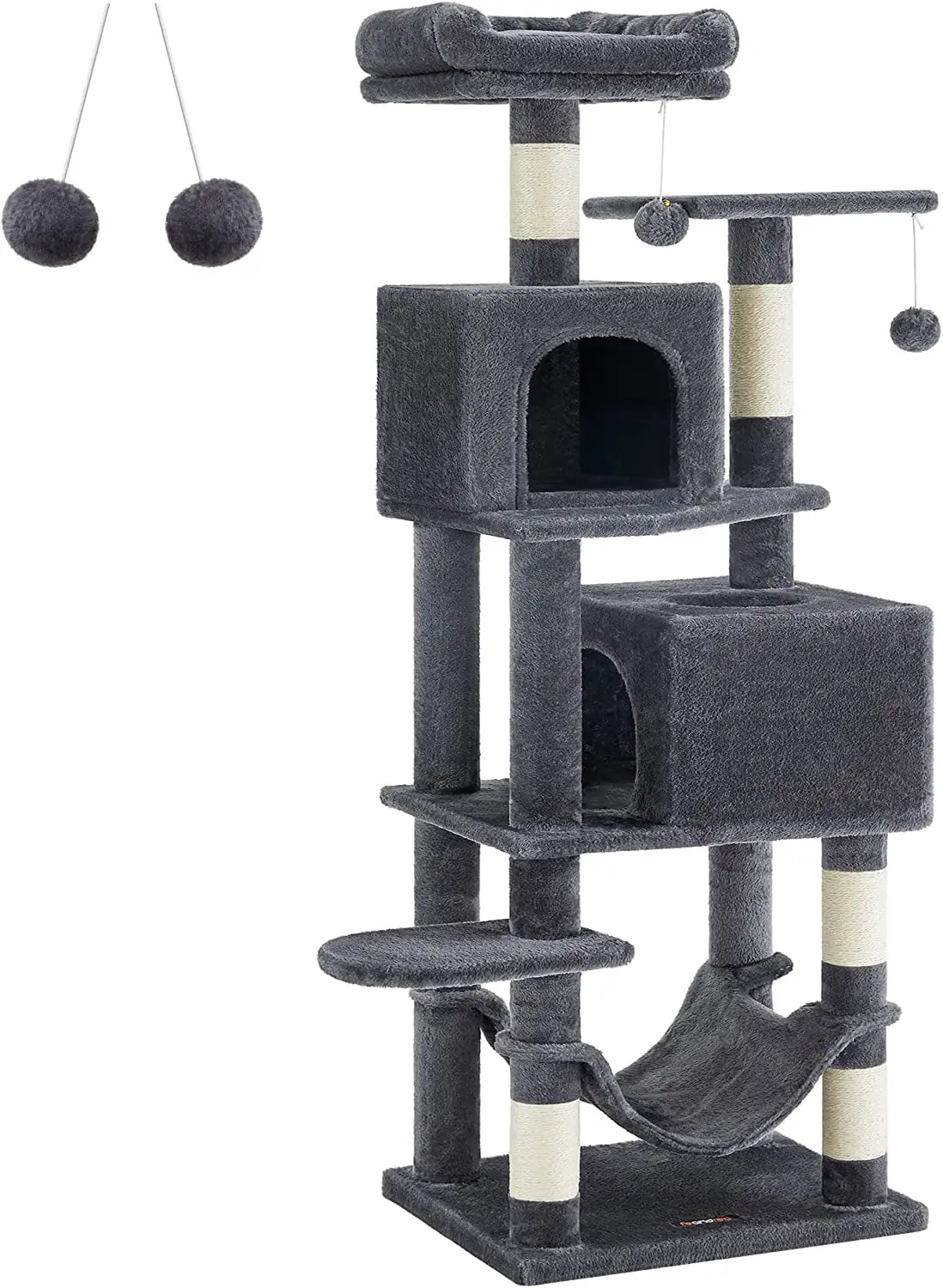 Feandrea Cat Tree. 61-Inch Cat Tower for Indoor Cats. Plush Multi-Level Cat Condo with 5 Scratching Posts. 2 Perches. 2 Caves. Hammock. 2 Pompoms. Smoky Gray UPCT192G01