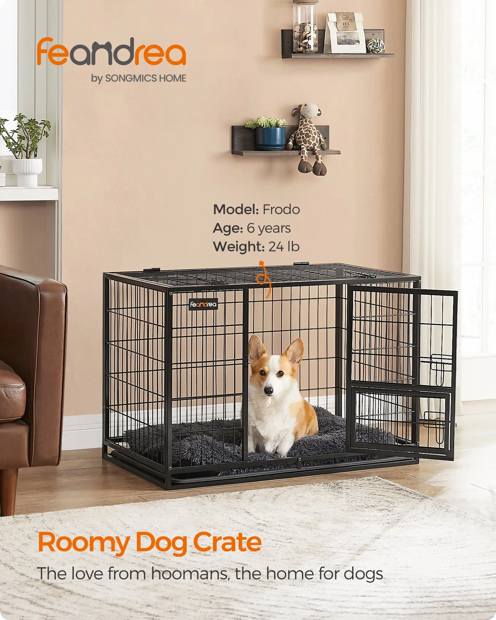 Feandrea Heavy-Duty Dog Crate with Removable Tray - Metal Kennel for Small and Medium Dogs. 36.4 x 22.6 x 25.2 Inches. Black