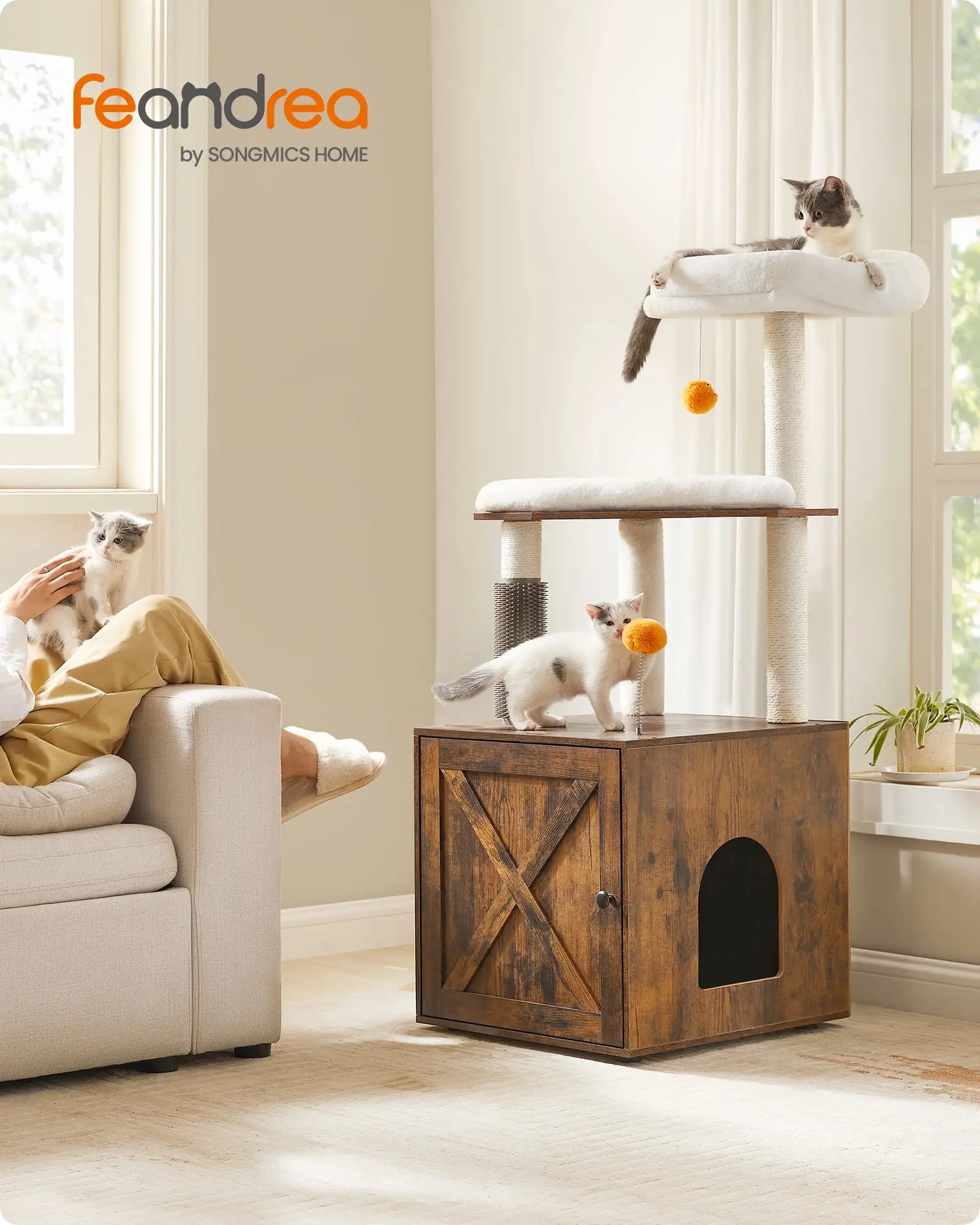 Feandrea WoodyWonders Cat Tree with Litter Box Enclosure - Modern 52.8-Inch 2-in-1 Cat Tower. Rustic Brown