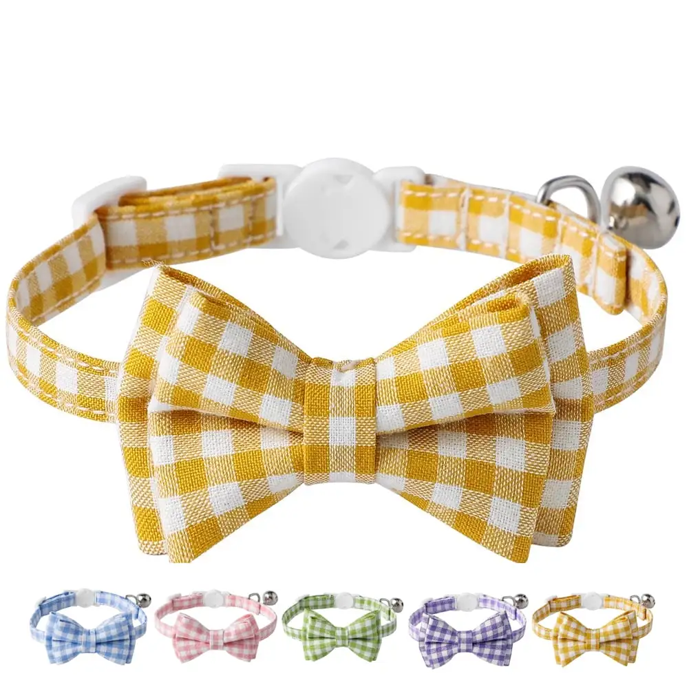 Feelers Cat Collar with Bow & Bell. Cute Plaid Patterns Collars. 1 Pack. Yellow