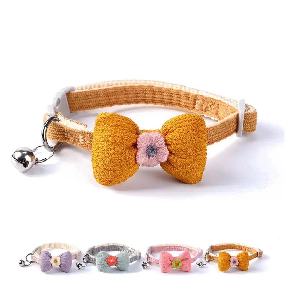 Feelers Cat Collar with Bow & Bell. Flower Embroidery Decoration Collars. 1 Pack. Yellow