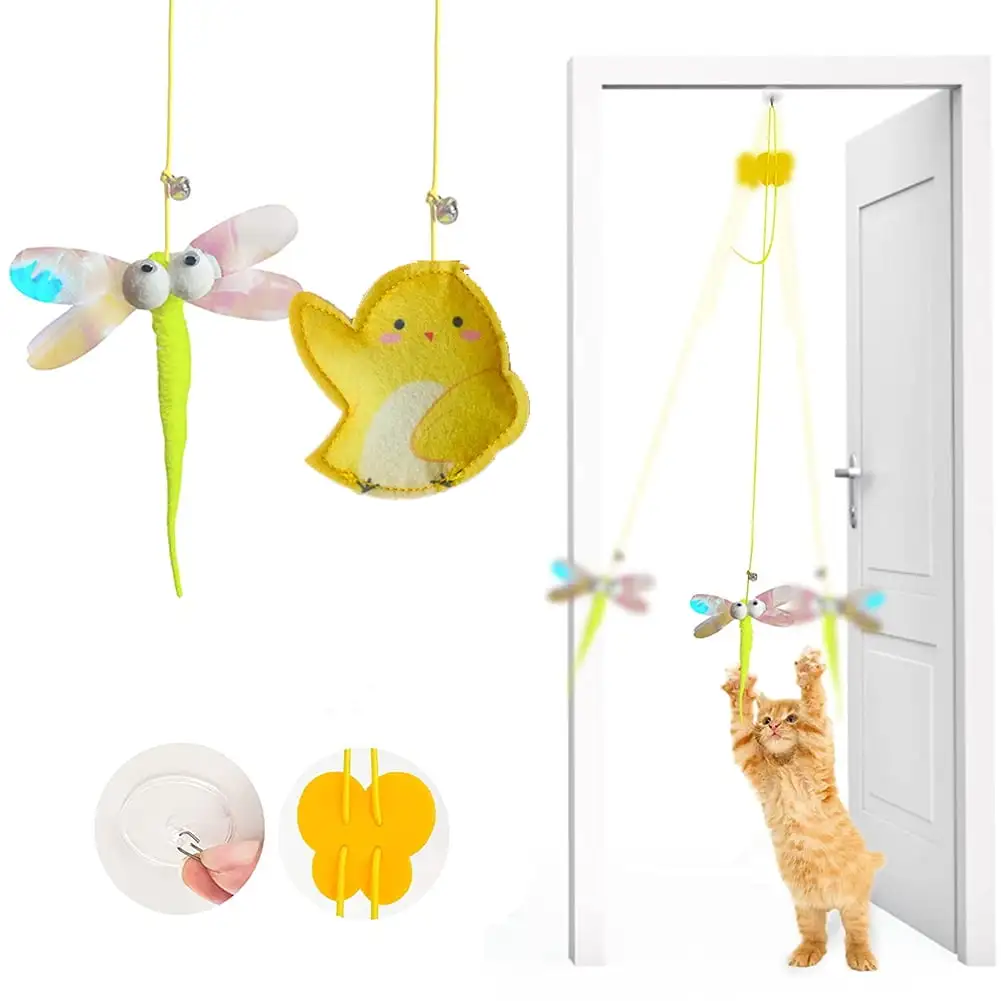 Feelers Cat Feather Toys. Interactive Hanging cat toy for Indoor Cats. Dragonfly & Felt Chick. 2 PCS