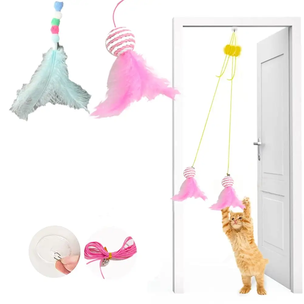 Feelers Cat Feather Toys. Interactive Cat Toys for Indoor Cats. Hanging Cat Toy Door Bouncing Cat Teaser Toys Elastic Rope Natural Feathers Kitten Toys