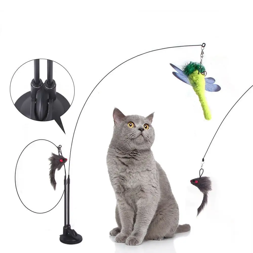 Feledorashia New Pet Essentials Cat Wand Toys Cat Fishing Pole Suction Cup Teaser Cats Toys for Indoor Cats Exercise Playing Interactive Catcher Wand Toy