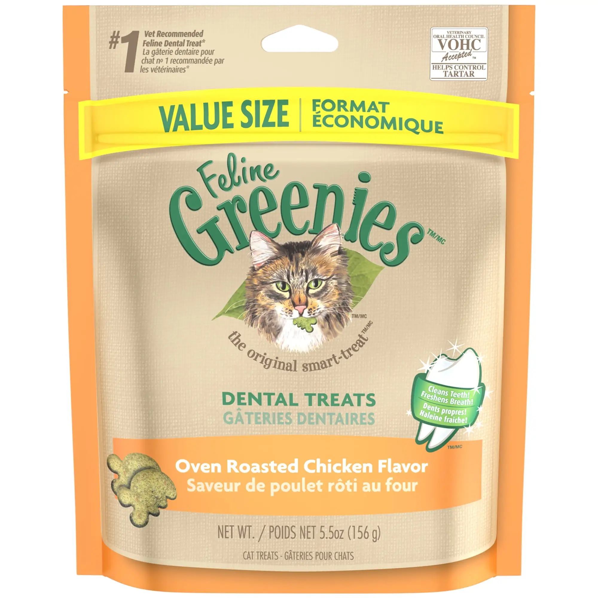 Feline Greenies Dental Cat Treats. Oven Roasted Chicken Flavor. 5.5 oz. Pouch