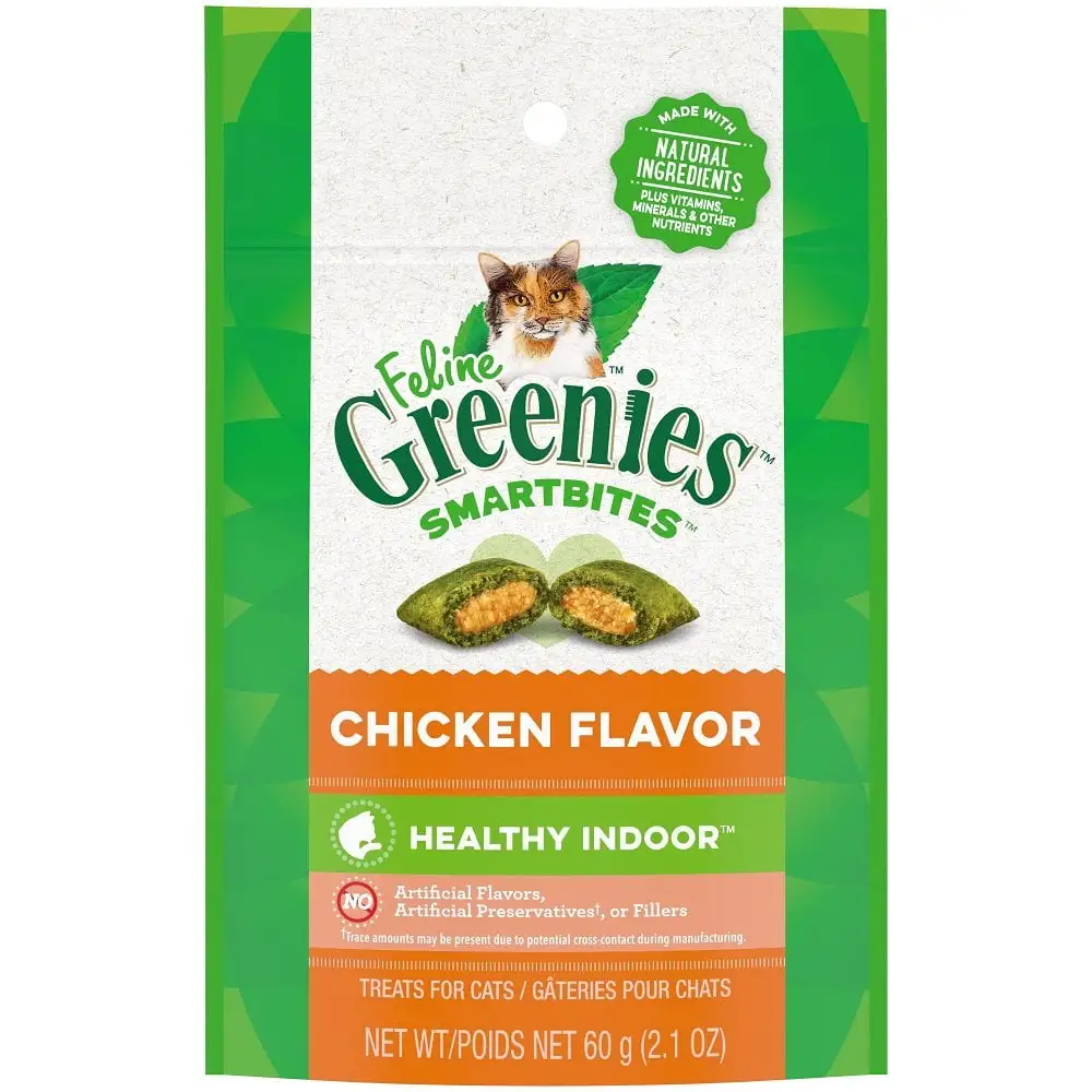 Feline Greenies Smartbites Healthy Indoor Natural Treats For Cats. Chicken Flavor. 2.1 Oz. Pouch