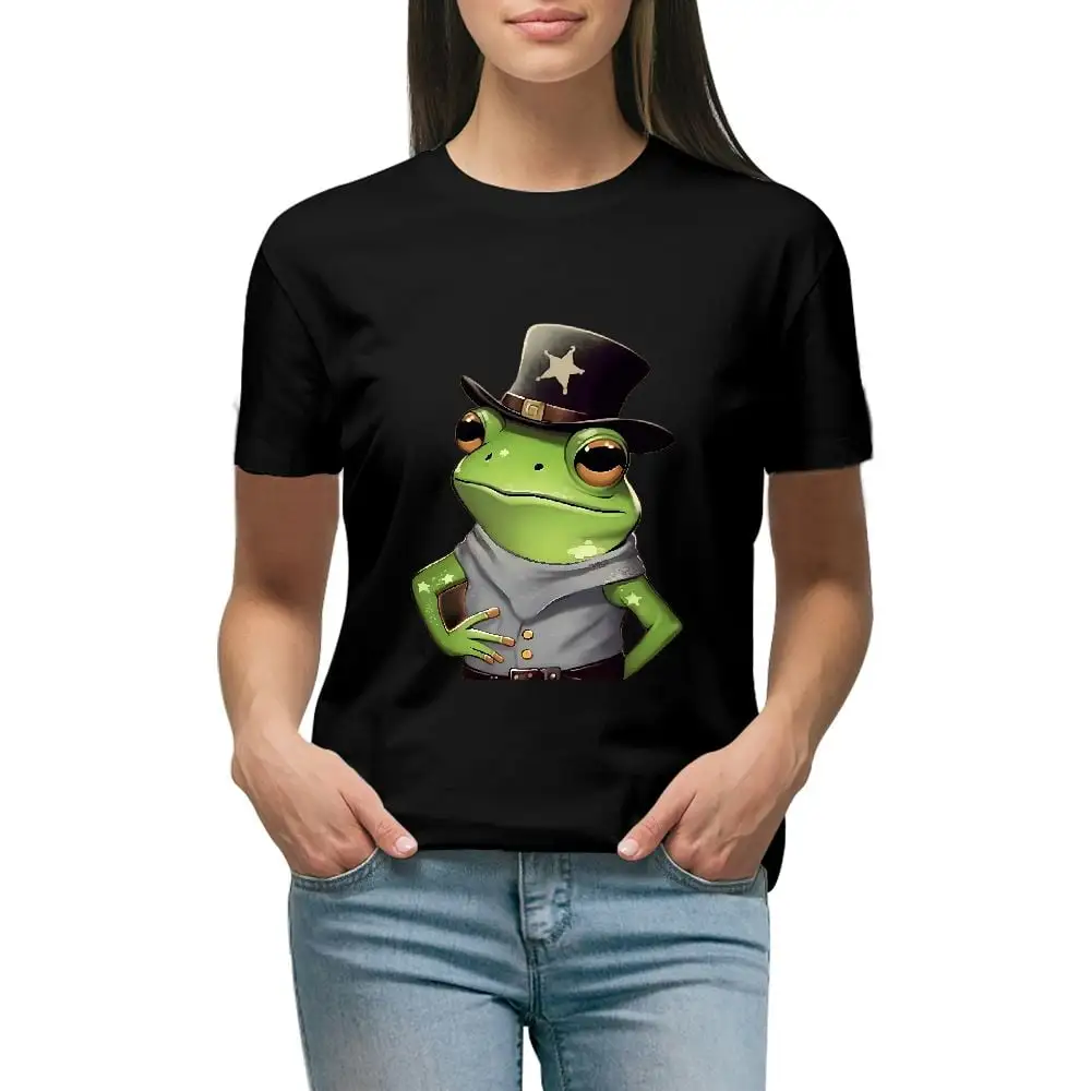 Fenyluxe Funny Frog Sergeant Shirt Cute Star Hat Frog Graphic Tees for Women AL05-015 Black