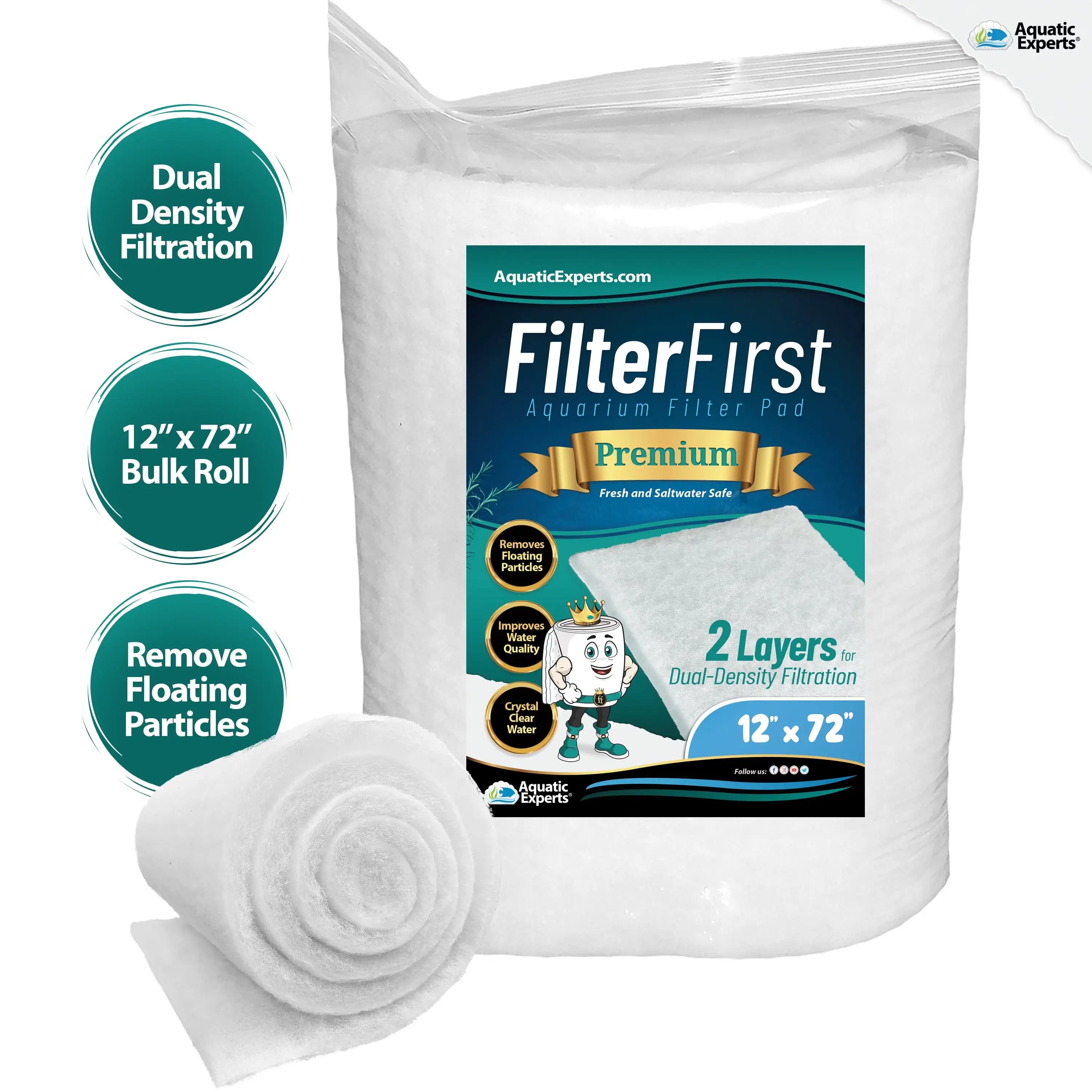 FilterFirst Aquarium Filter Pad Media Roll Crystal Clear Water. 12'' by 72'' x .75''