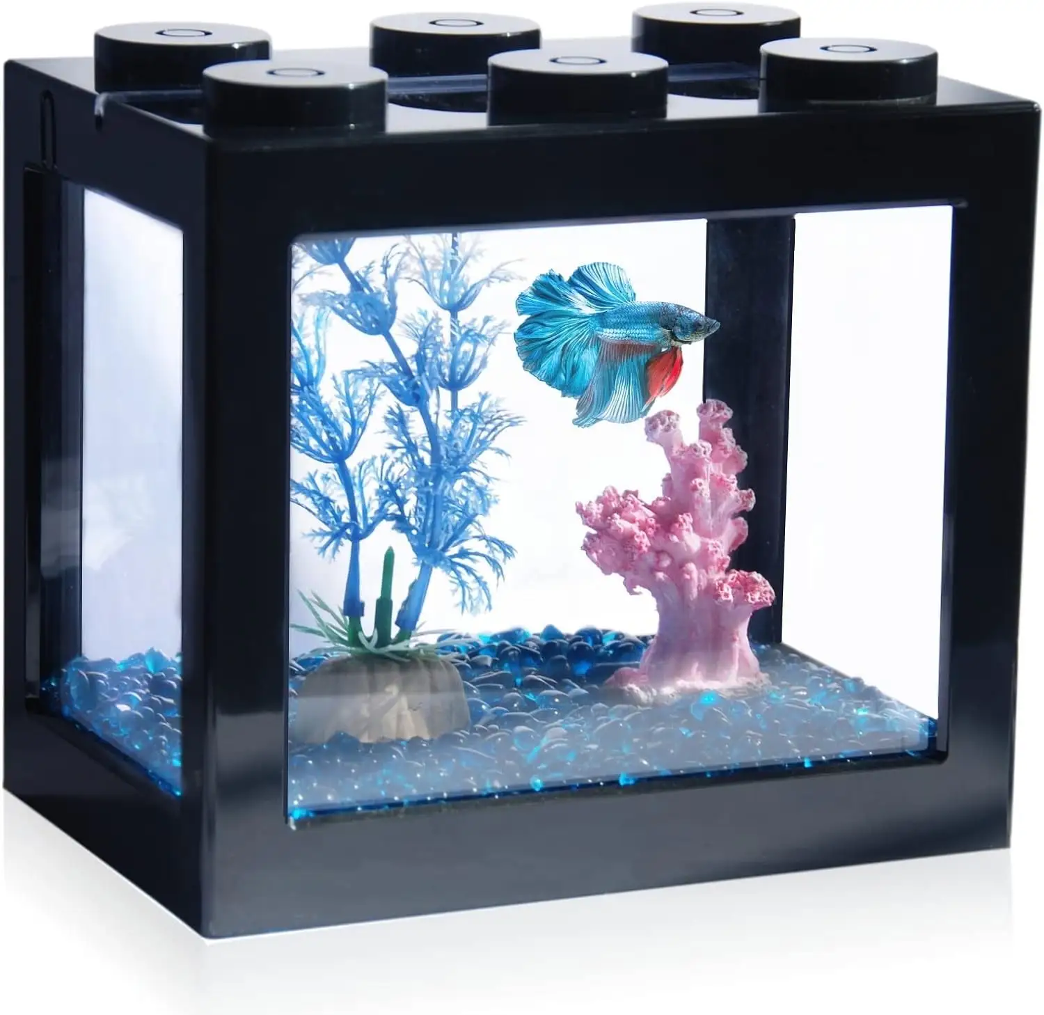 Fish Tank. Aquarium Tank. Stackable Mini Fish Tank Aquarium Tank Kit. 3/5 Gallon Rectangular Fish Bowl with Aquarium Gravel Decoration. Cube Tank for Seaweed Balls Sea Monkeys. Black