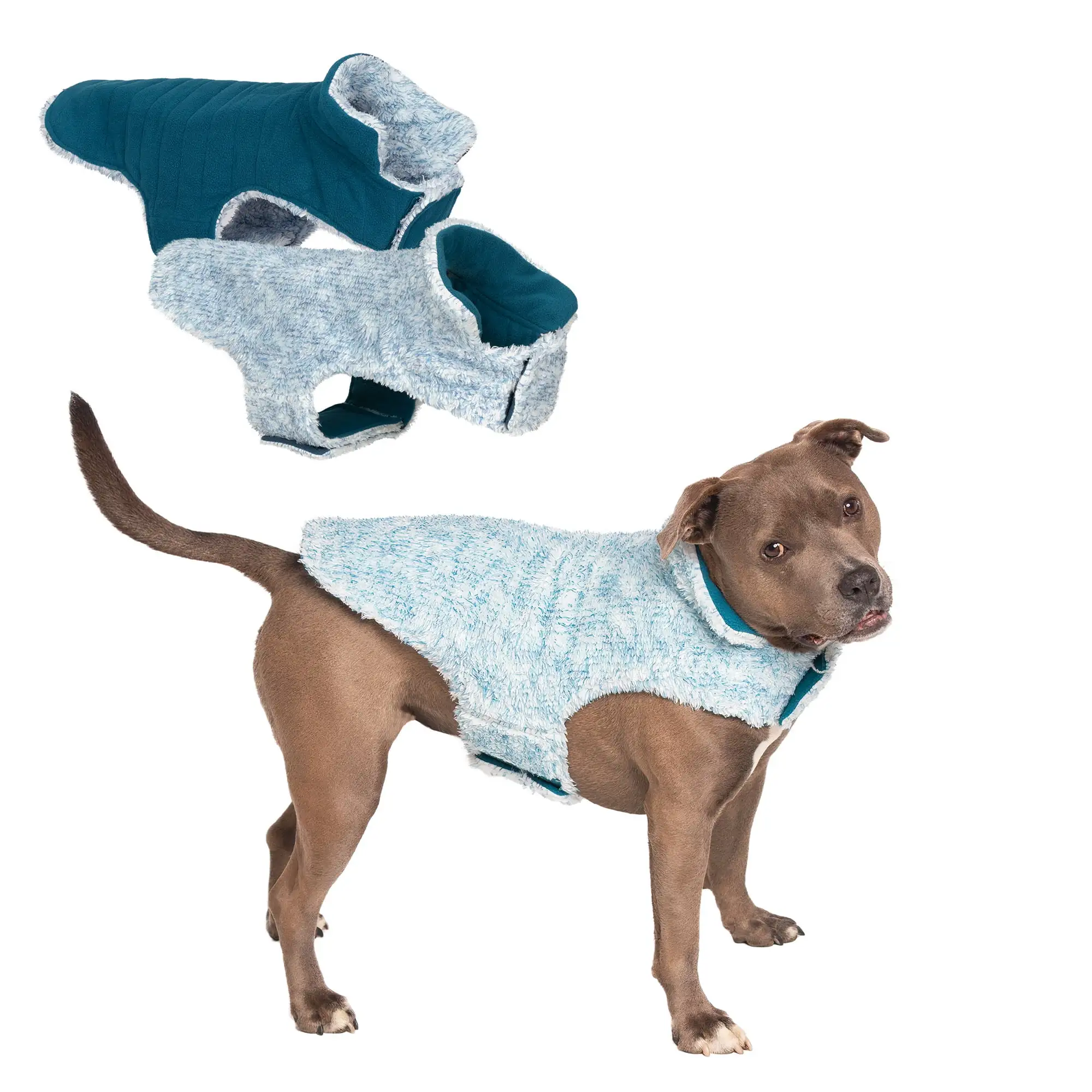 Flex-Fit Reversible Two-Tone Fur Dog Coat - Medium. Marine Blue