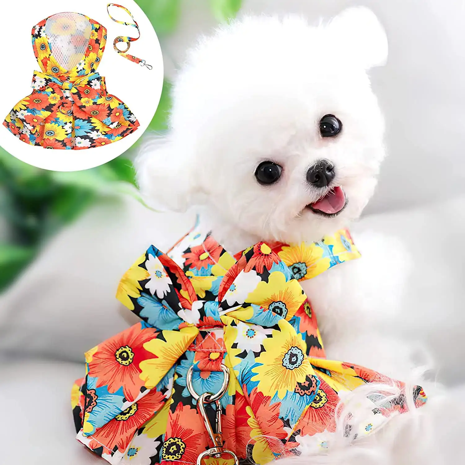 Floral Dog Dress Bowknot Harness Leash Set for Small Dogs Cats Girl Cute Princess Dog Dresses Spring Summer Puppy Clothes Breathable Chihuahua Yorkies Pet Outfits