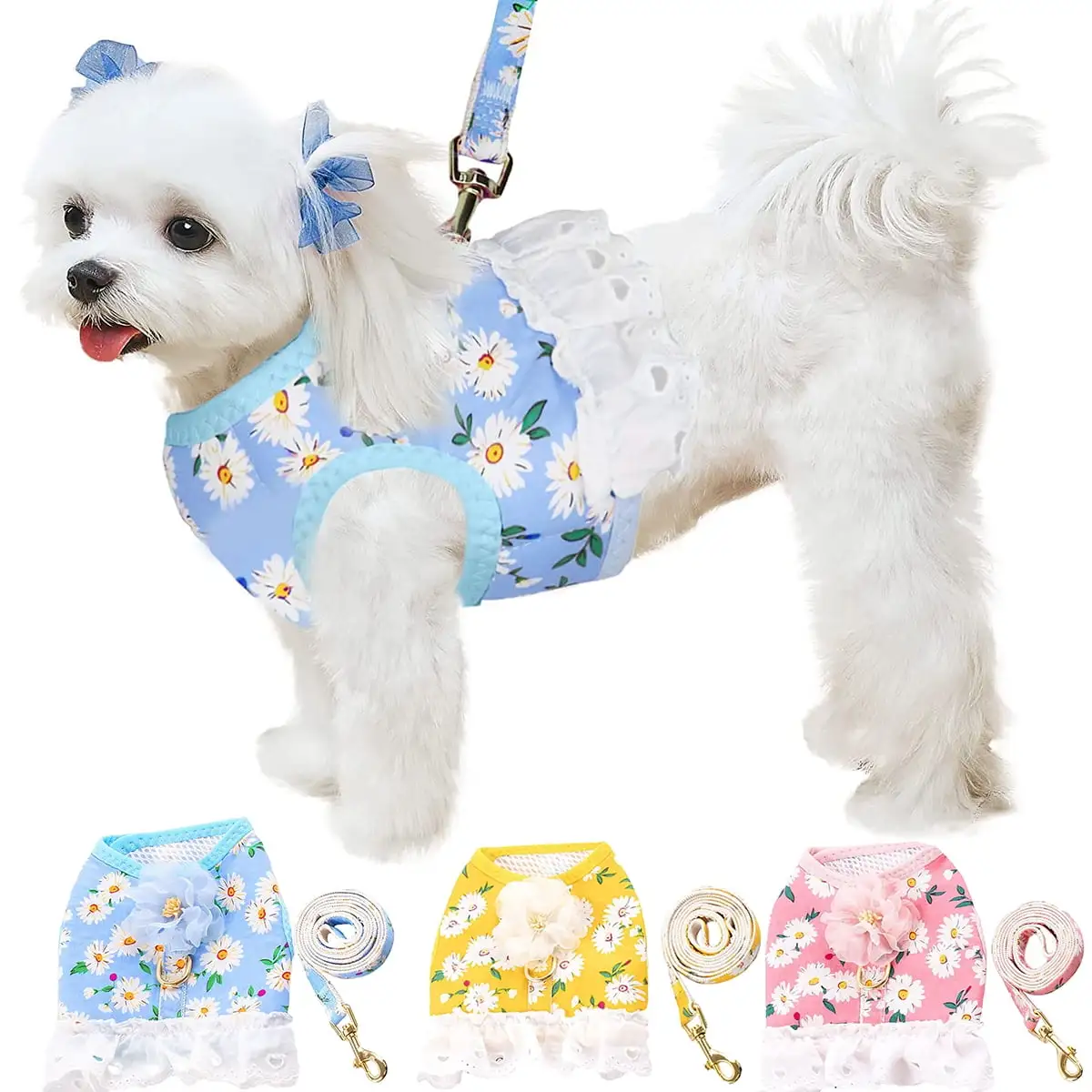 Floral Small Dog Harness Leash Set Dress for Girl. Cute Daisy Breathable Puppy Mesh Harness for Female Small Medium Dogs Cats