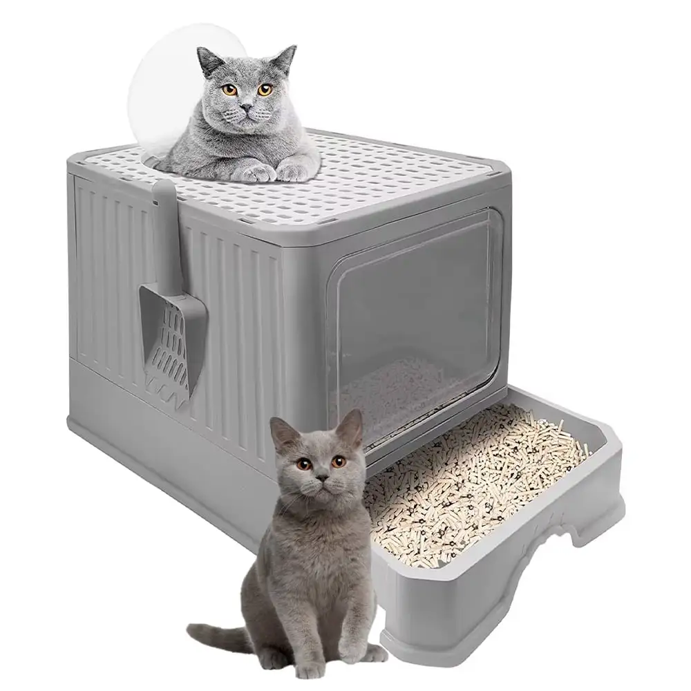 Foldable Cat Litter Box with Lid. Top Entry Cat Litter Box with Lid.Anti-Splshing Drawer Type Cat Pan Easy Cleaning and Scoop