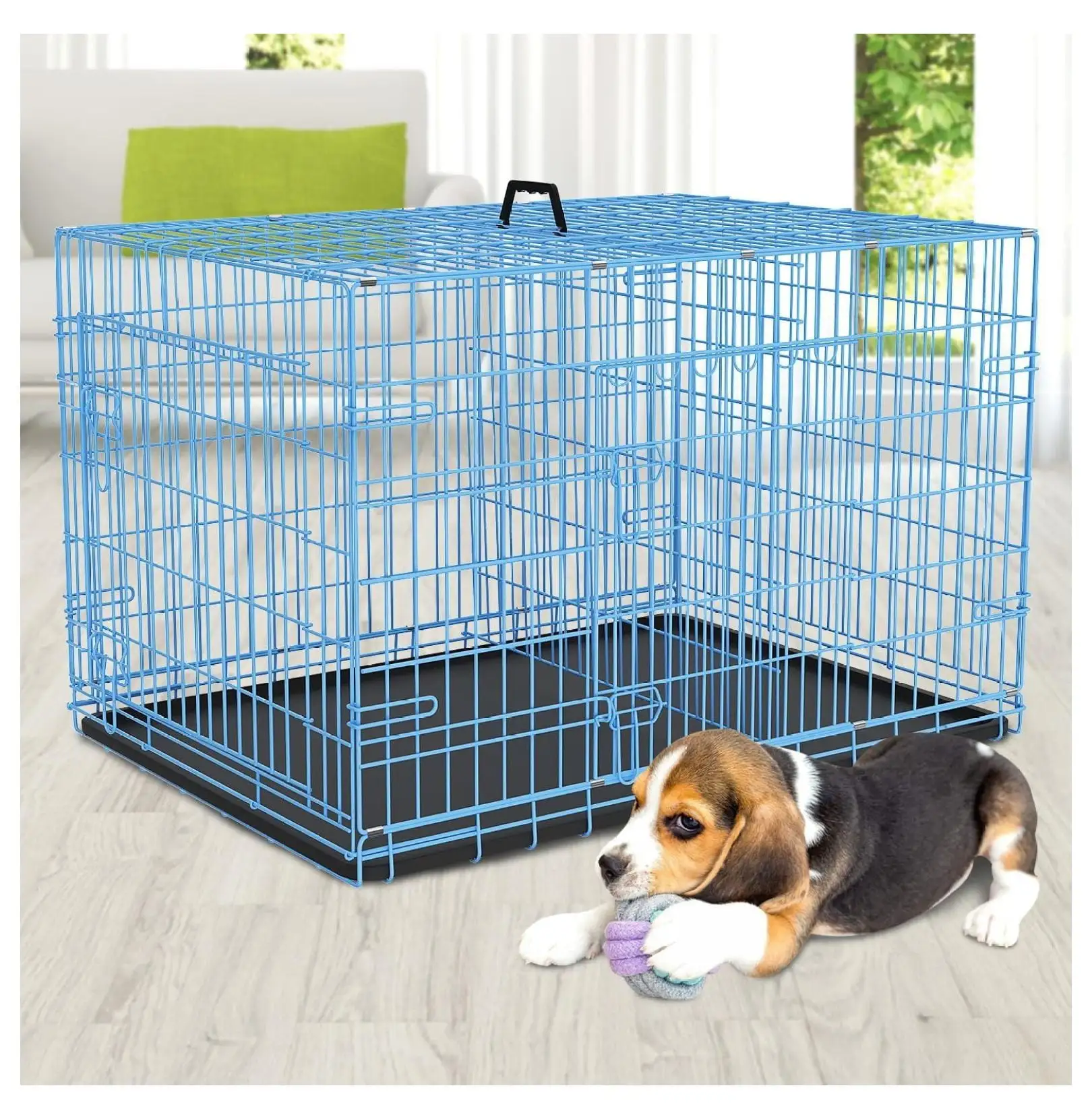 Foldable Dog Crate. Blue. 36-Inch. Metal Wire Cage with Divider Panel. Double-Door. Ideal for Indoor and Outdoor Use