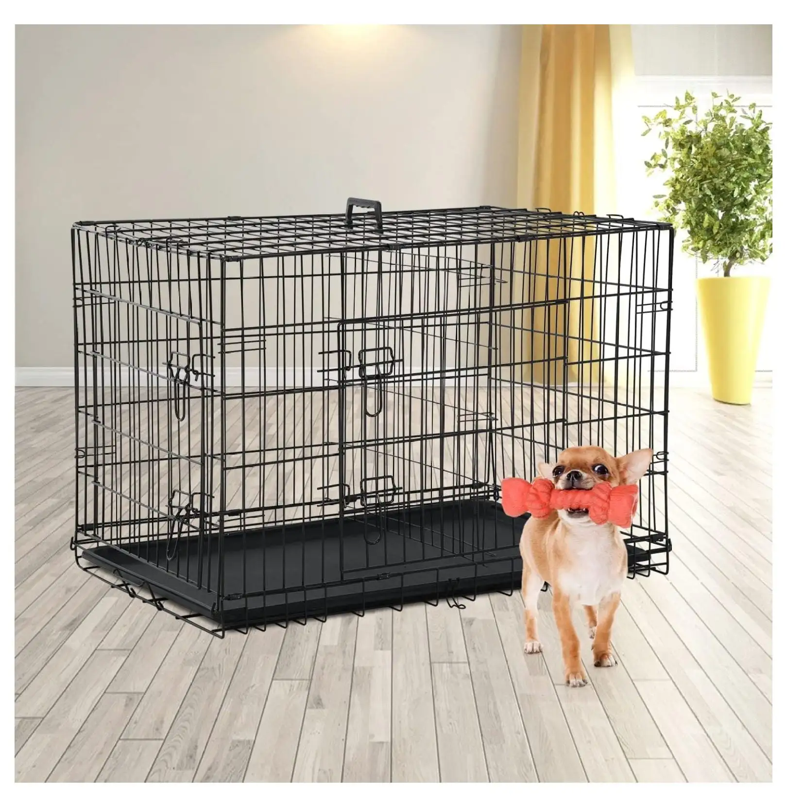 Foldable Dog Crate Wire Metal Dog Cage Large 24 Dog Kennel w/Divider Panel Double-Door Animal Segregation Cage Pet Crate w/Tray Dog Crates Indoor Outdoor Travel Camping Pet Playpen