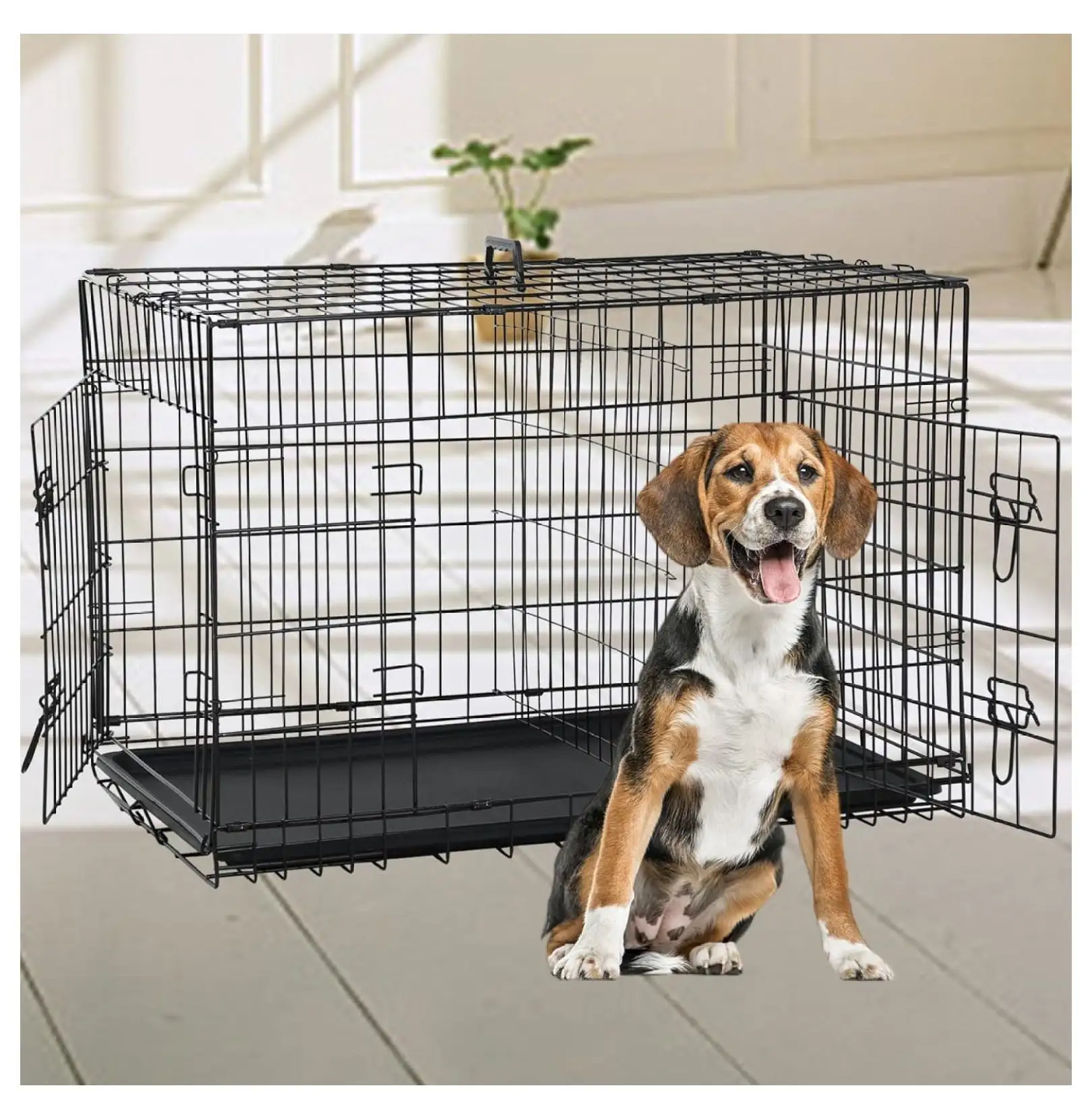 Foldable Dog Crate Wire Metal Dog Cage Large 30 Dog Kennel w/Divider Panel Double-Door Animal Segregation Cage Pet Crate w/Tray Dog Crates Indoor Outdoor Travel Camping Pet Playpen