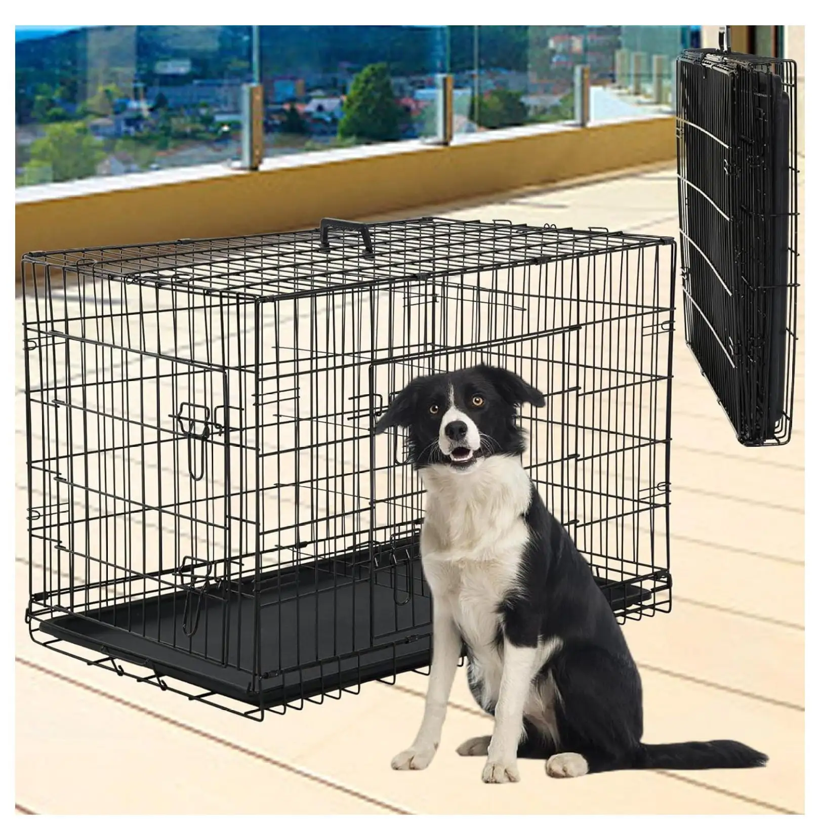 Foldable Dog Crate Wire Metal Dog Cage Large 36 Dog Kennel w/Divider Panel Double-Door Animal Segregation Cage Pet Crate w/Tray Dog Crates Indoor Outdoor Travel Camping Pet Playpen