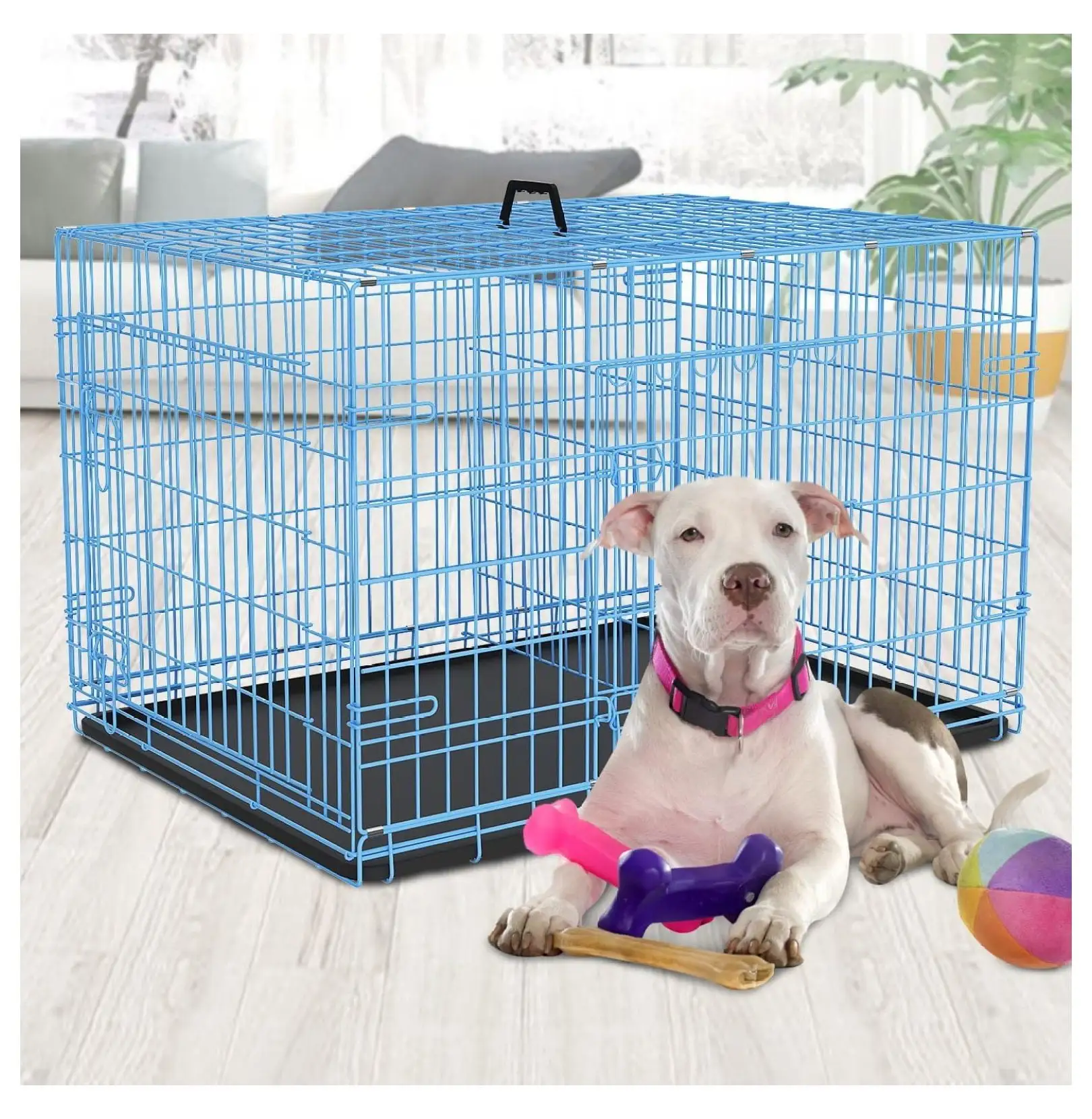 Foldable Dog Crate Wire Metal Dog Cage Large 42 Dog Kennel w/Divider Panel Double-Door Animal Segregation Cage Pet Crate w/Tray Dog Crates for Indoor Outdoor Travel Camping. Blue