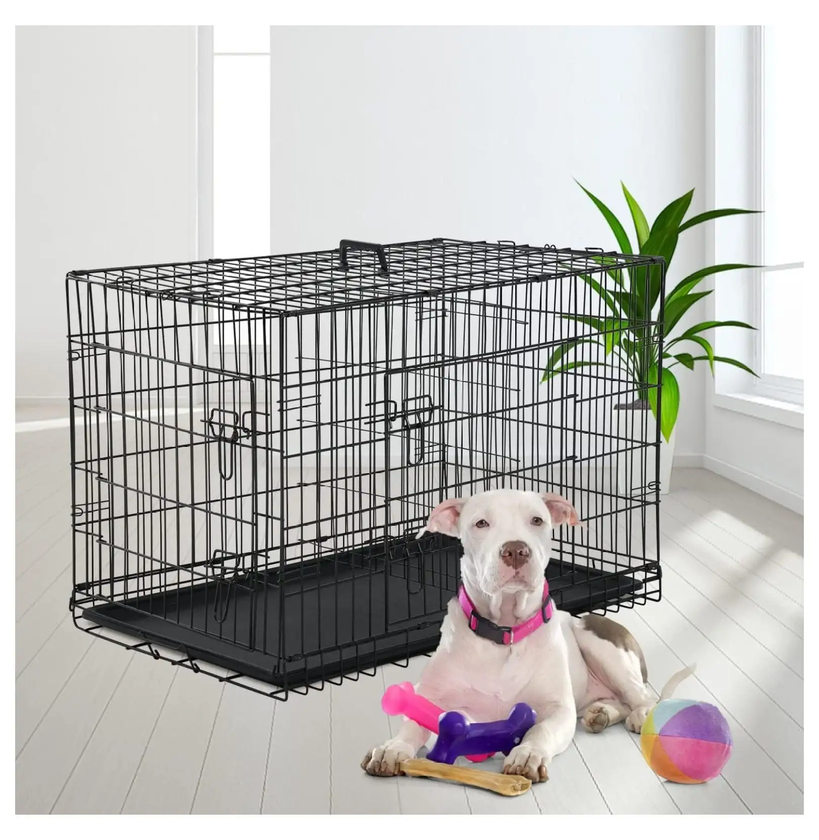 Foldable Dog Crate Wire Metal Dog Cage Large 42 Dog Kennel w/Divider Panel Double-Door Animal Segregation Cage Pet Crate w/Tray Dog Crates Indoor Outdoor Travel Camping Pet Playpen