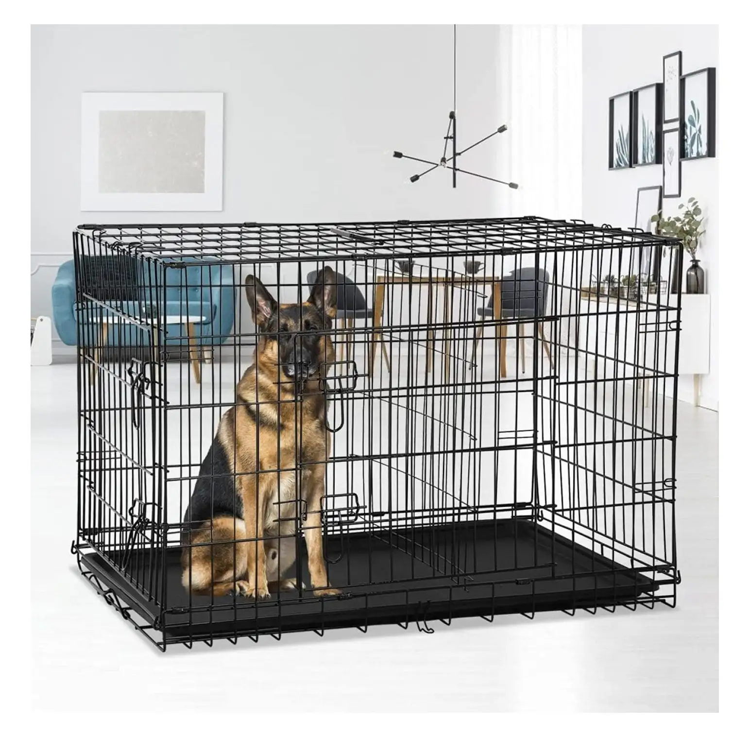 Foldable Dog Crate Wire Metal Dog Cage Large Dog Kennel w/Divider Panel Double-Door Animal Segregation Cage Pet Crate w/Tray Dog Crates Indoor Outdoor Travel Camping Pet Playpen