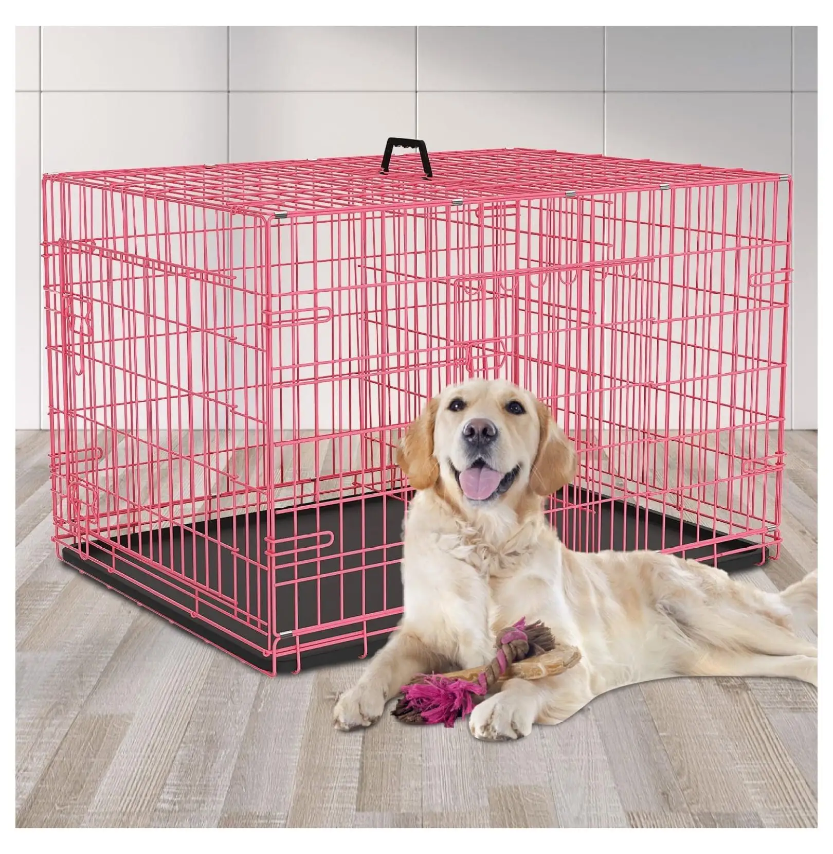 Foldable Dog Crate Wire Metal Dog Cage Large Dog Kennel w/Divider Panel Double-Door Animal Segregation Cage Pet Crate w/Tray Dog Crates for Indoor Outdoor Travel Camping.