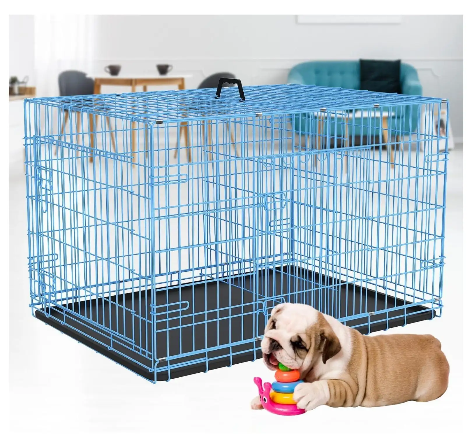 Foldable Dog Crate Wire Metal Dog Cage Small 24 Dog Kennel w/Divider Panel Double-Door Animal Segregation Cage Pet Crate w/Tray Dog Crates for Indoor Outdoor Travel Camping. Blue