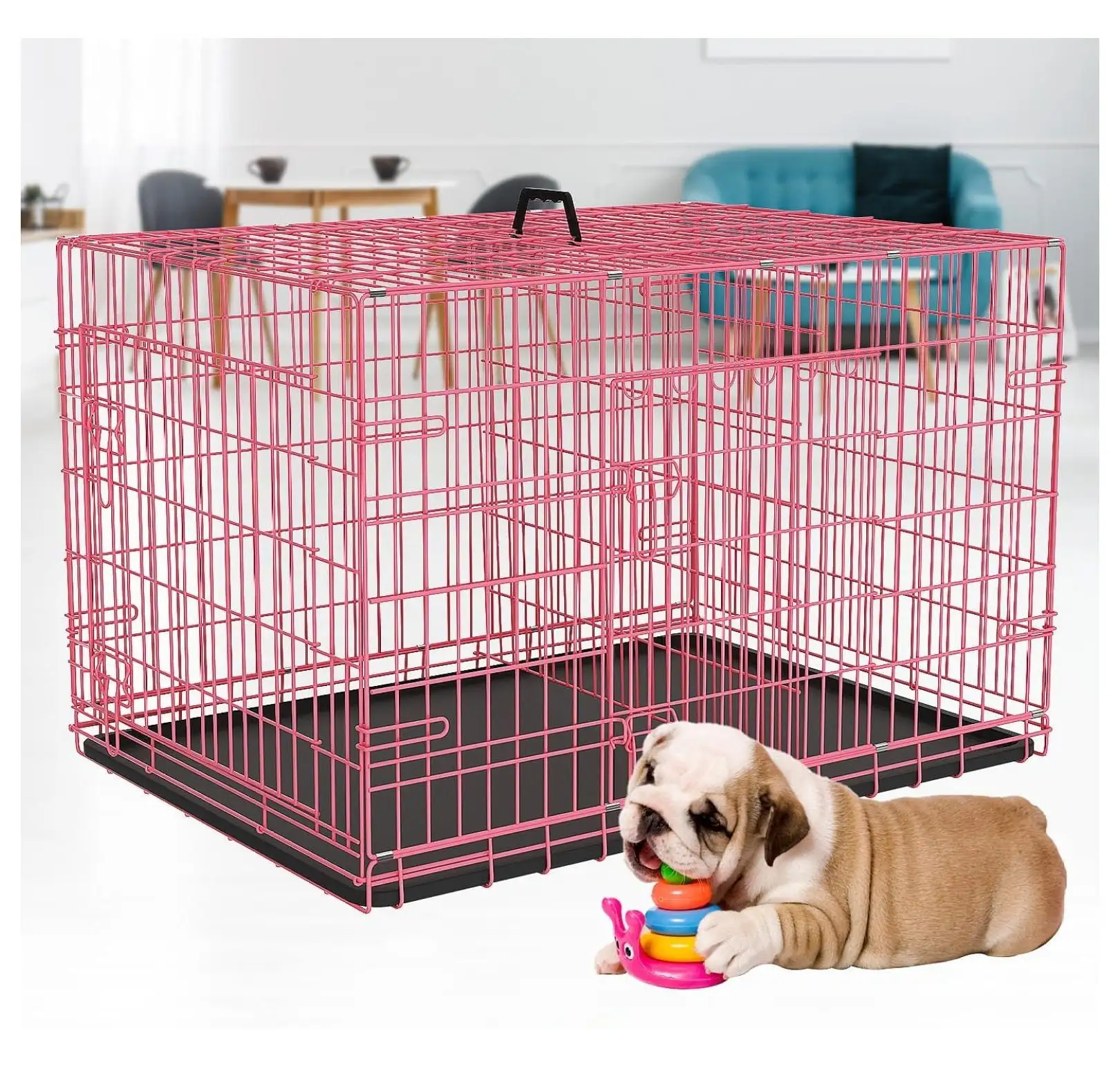 Foldable Dog Crate Wire Metal Dog Cage Small 24 Dog Kennel w/Divider Panel Double-Door Animal Segregation Cage Pet Crate w/Tray Dog Crates for Indoor Outdoor Travel Camping.