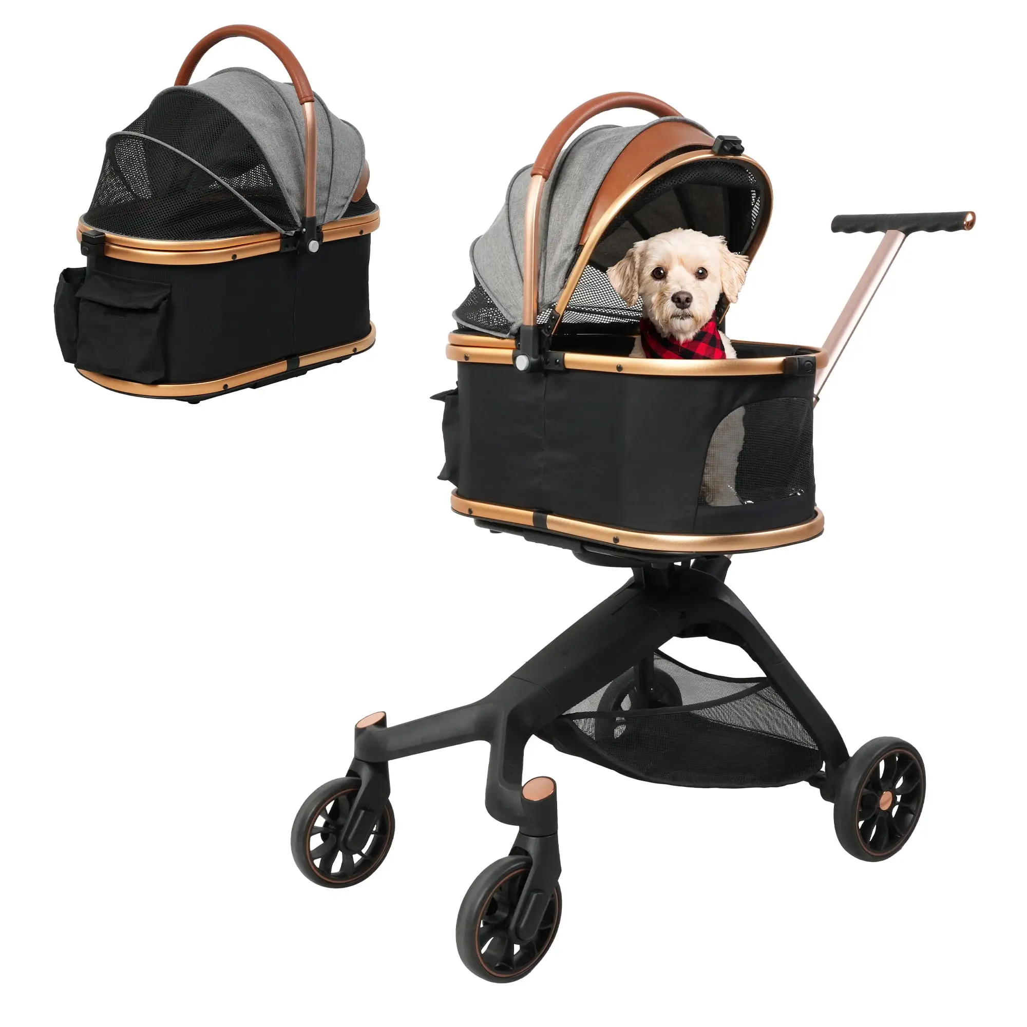 Foldable Pet Carrier Strolling Cart with Dual Entry. 4 Wheels Puppy Stroller with Multiple Mesh Windows. Dog Jogger Stroller with adjustable handle. Removable Carrier for Small Medium Cats Dogs Puppy